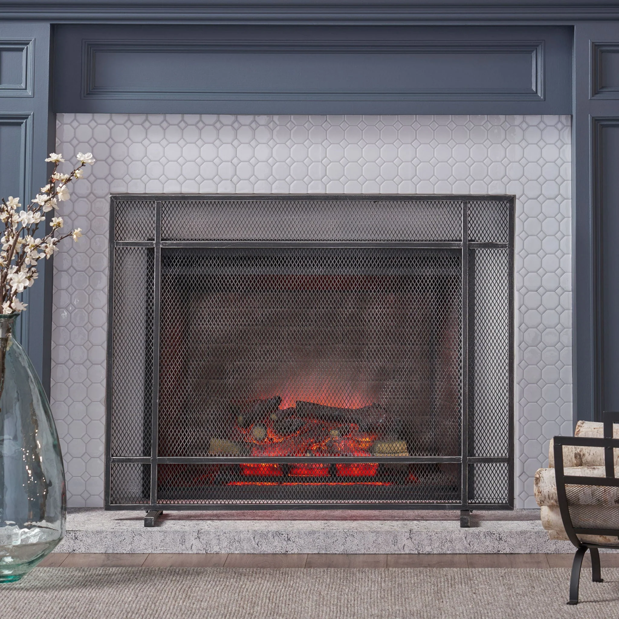 Markus - Modern Single Panel Iron Firescreen Black Brushed Silver - Image 5