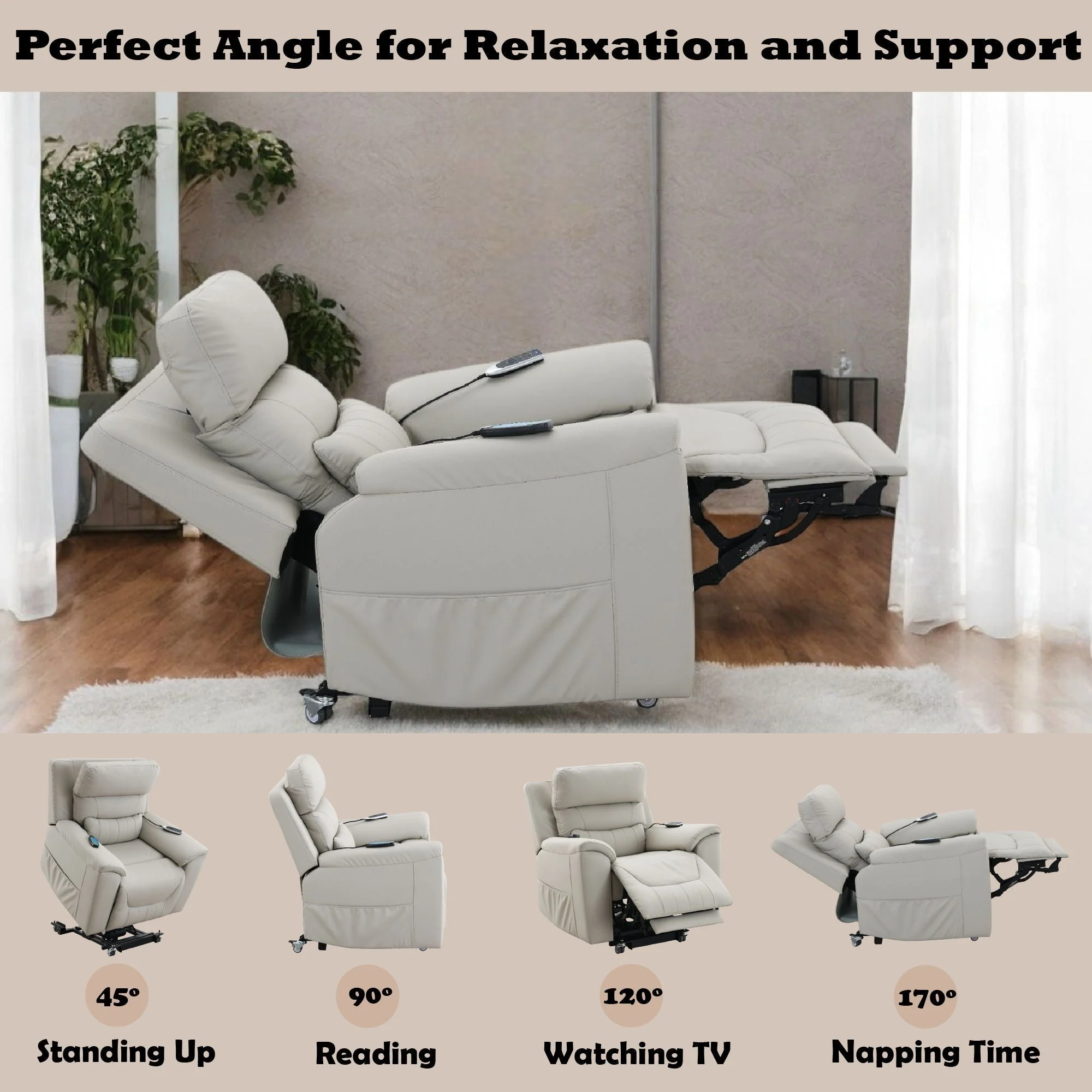 Marsha - Silicone Synthetic Leather Power Motion Recliner With Lift Heating Massage Chair - Light Gray - Image 2