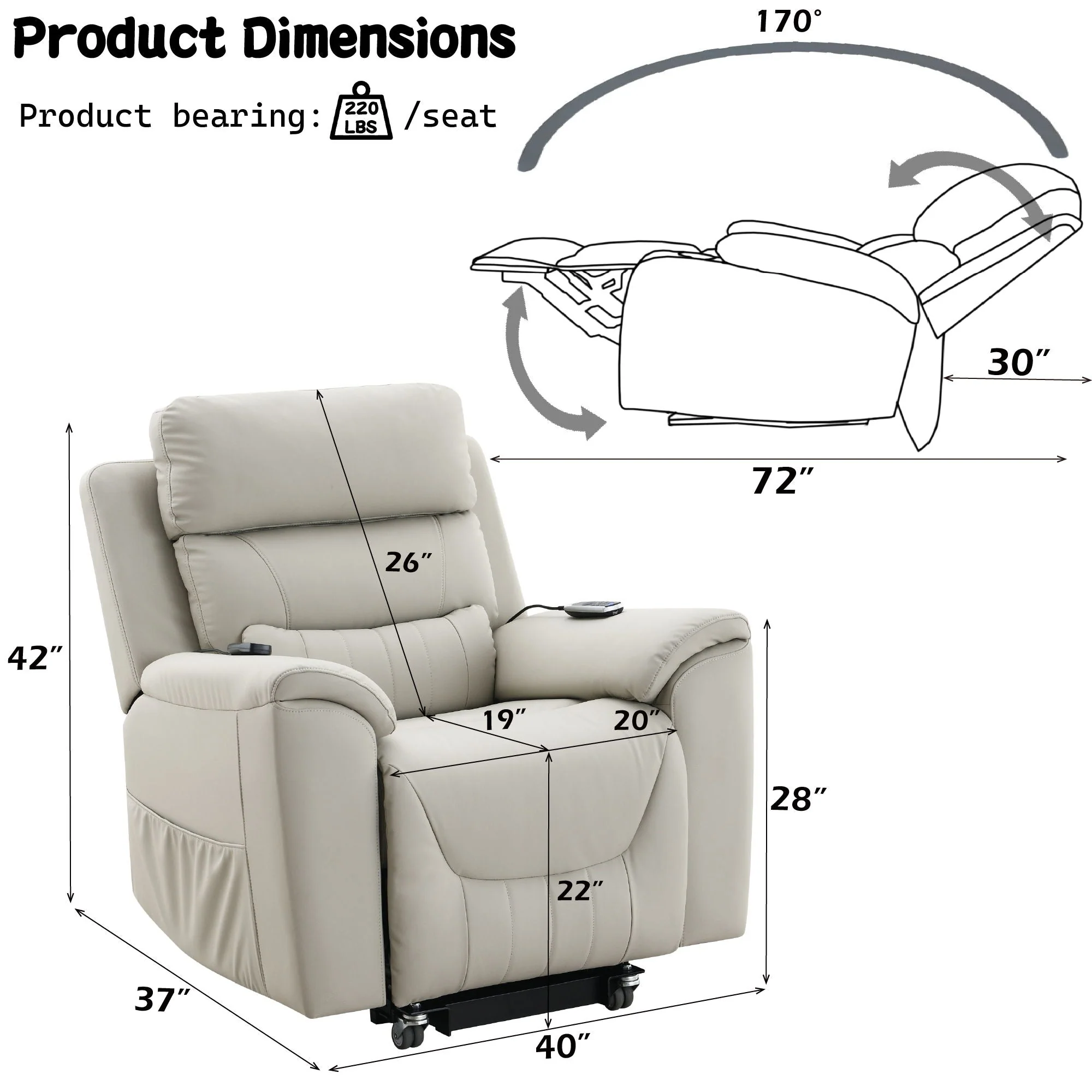 Marsha - Silicone Synthetic Leather Power Motion Recliner With Lift Heating Massage Chair - Light Gray - Image 4