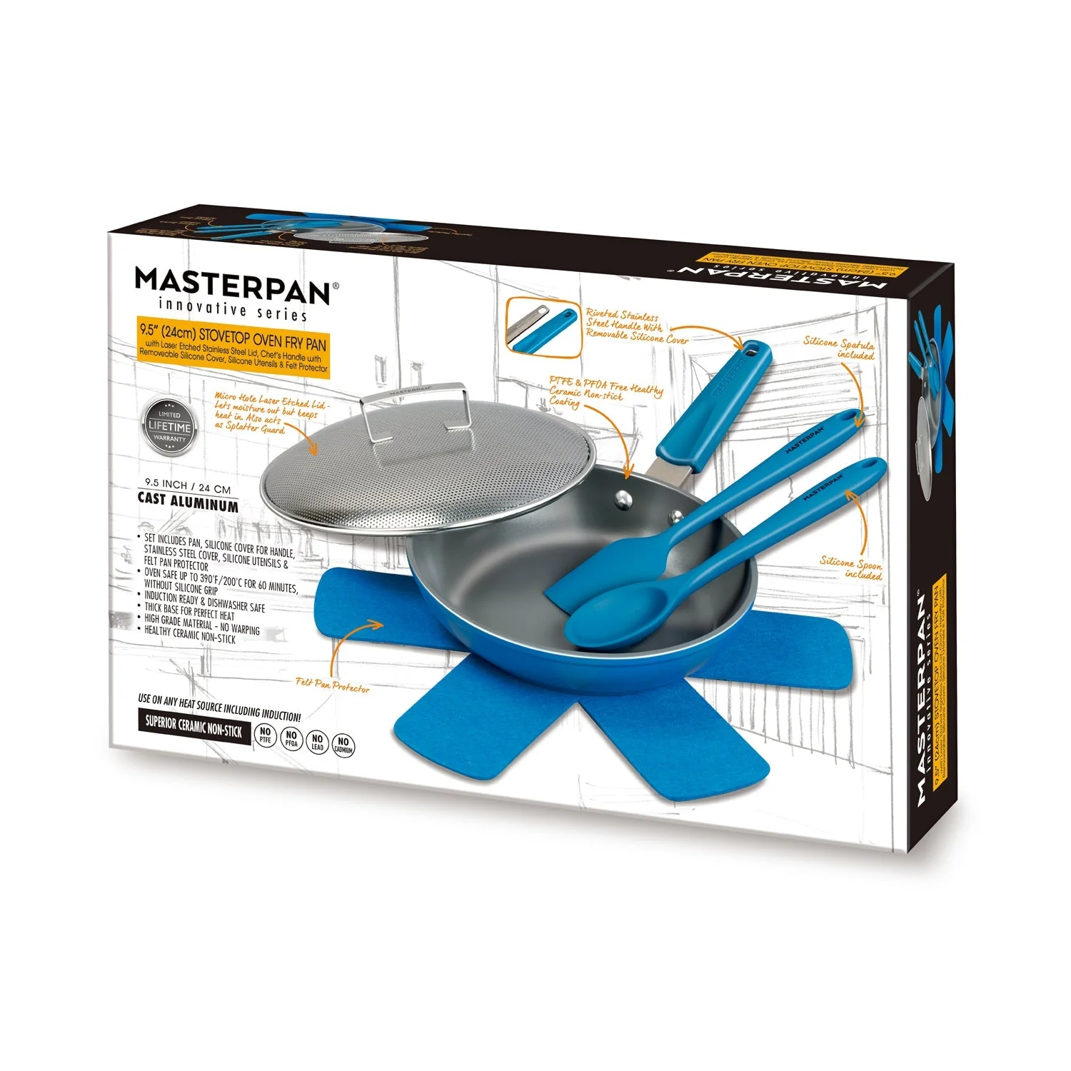 MASTERPAN Ceramic Nonstick Stovetop Oven Frypan & Skillet & Stainless Steel Lid Set, Azure Color 9.5"(24cm) - Image 8