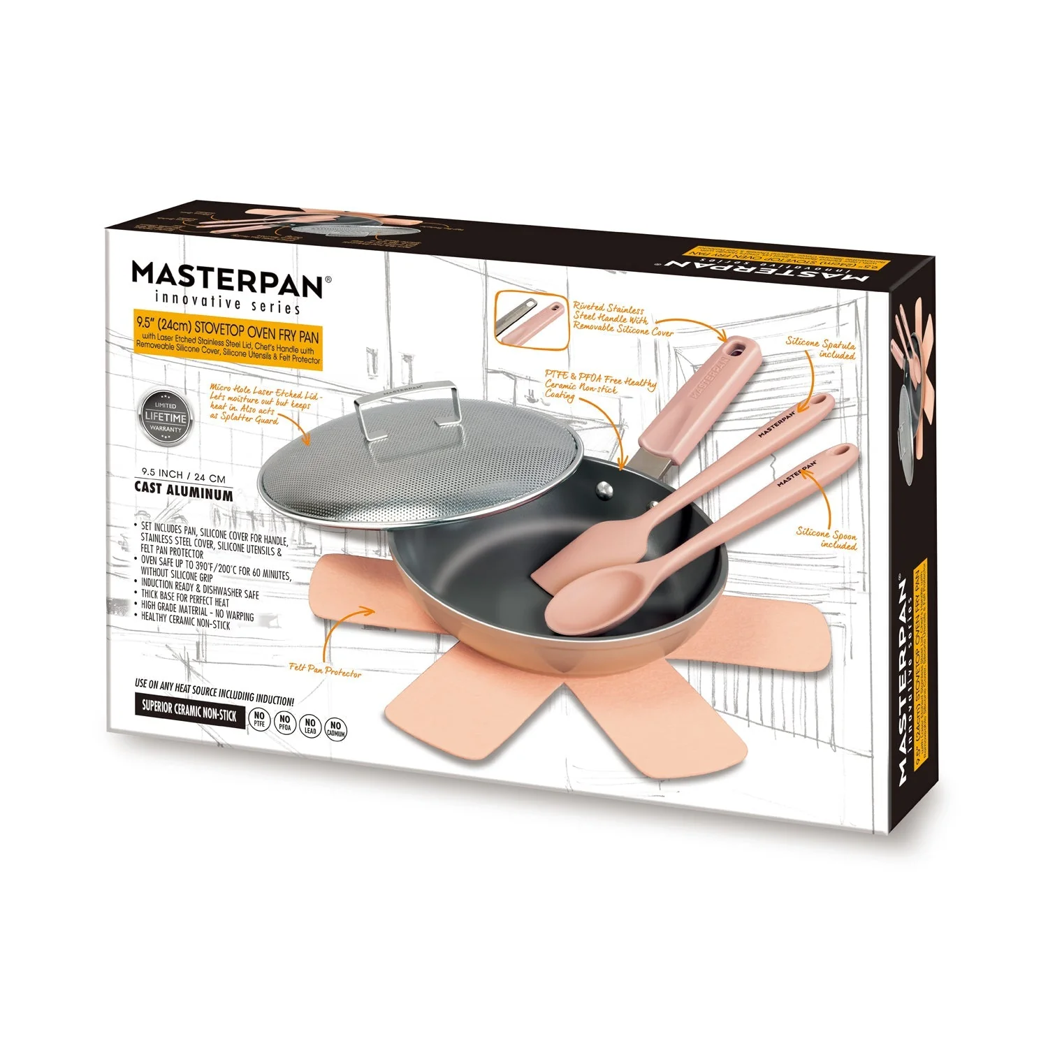 MASTERPAN Ceramic Nonstick Stovetop Oven Frypan & Skillet & Stainless Steel Lid Set, Clay Color 9.5"(24cm) - Image 8
