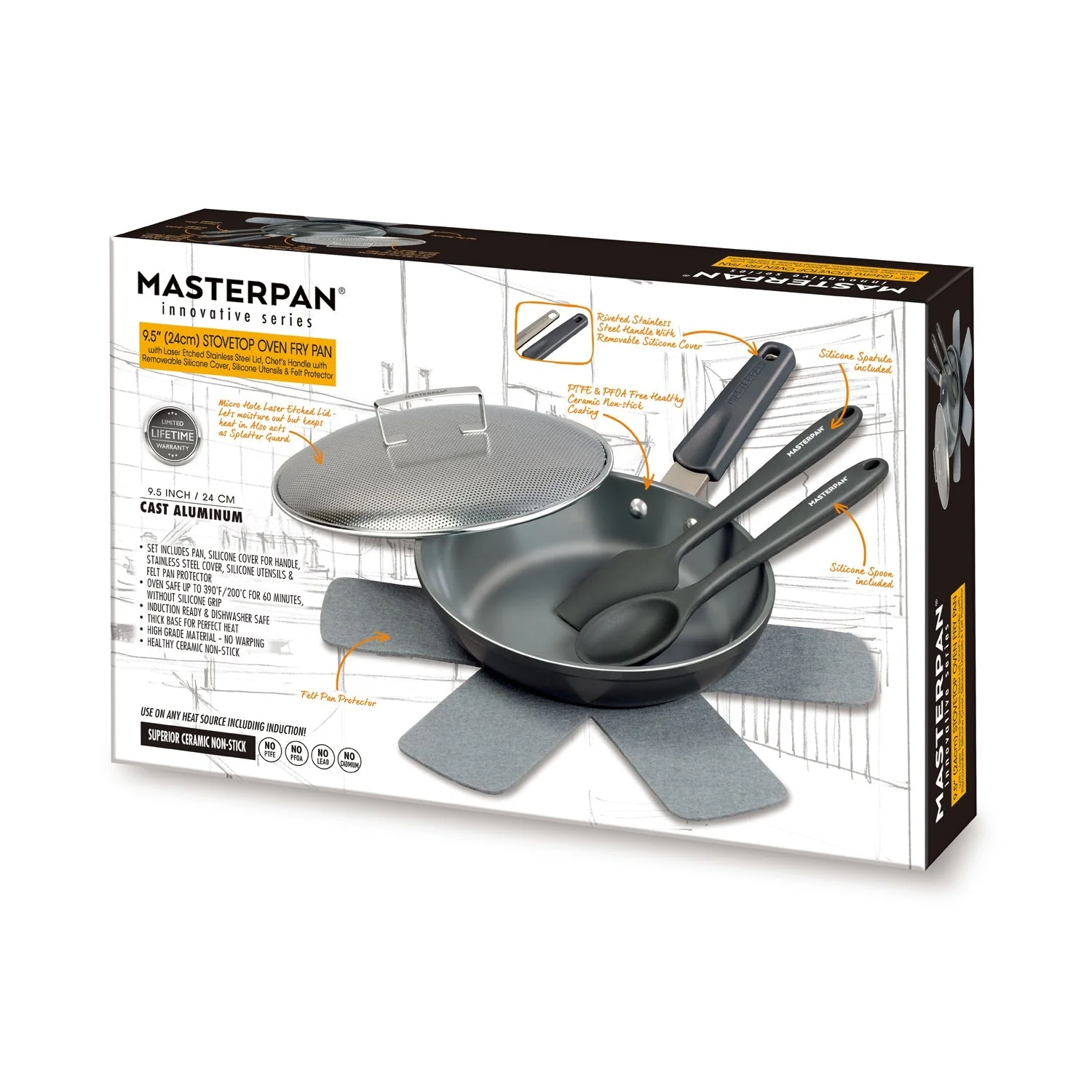 MASTERPAN Ceramic Nonstick Stovetop Oven Frypan & Skillet with Stainless Steel Lid & Utensils, Grey 9.5" (24cm) - Image 8