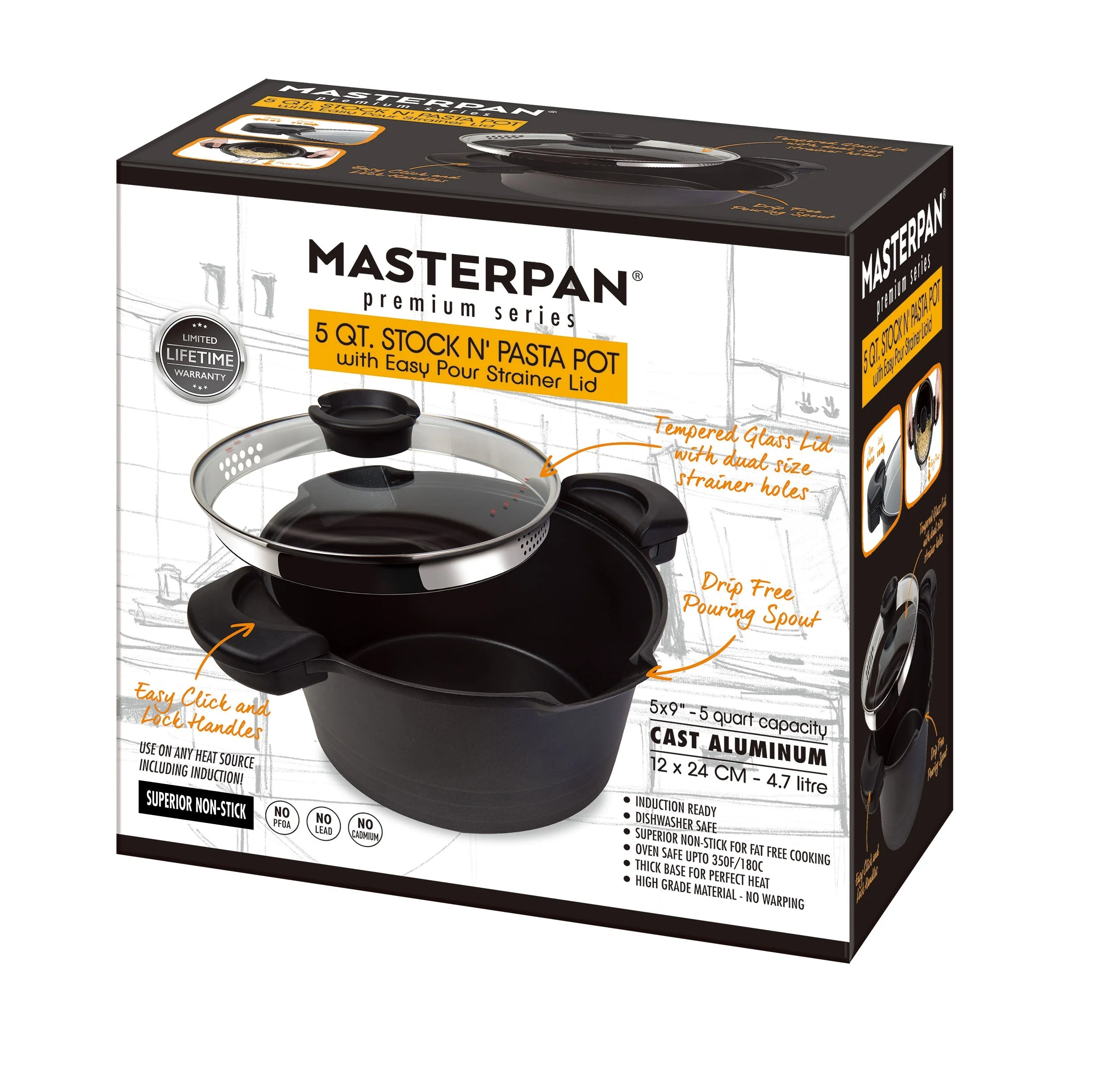 MASTERPAN Nonstick Stock & Pasta Pot With Glass Lid Strainer, 5 QT., 9" (23cm) - Image 9