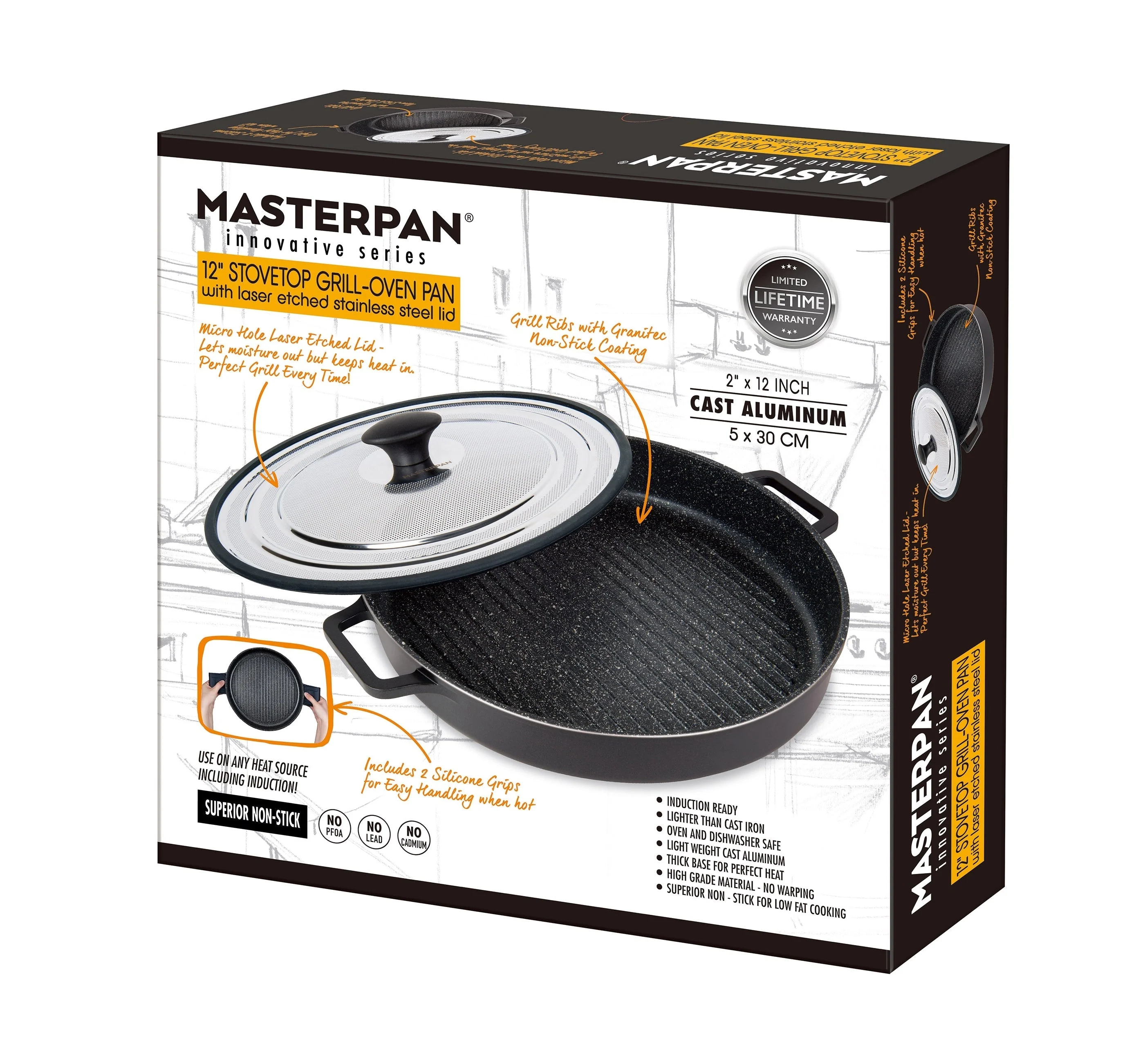 MASTERPAN Nonstick Stovetop Oven Grill Pan & Stainless Steel Lid, Black 12" (30cm) - Image 14