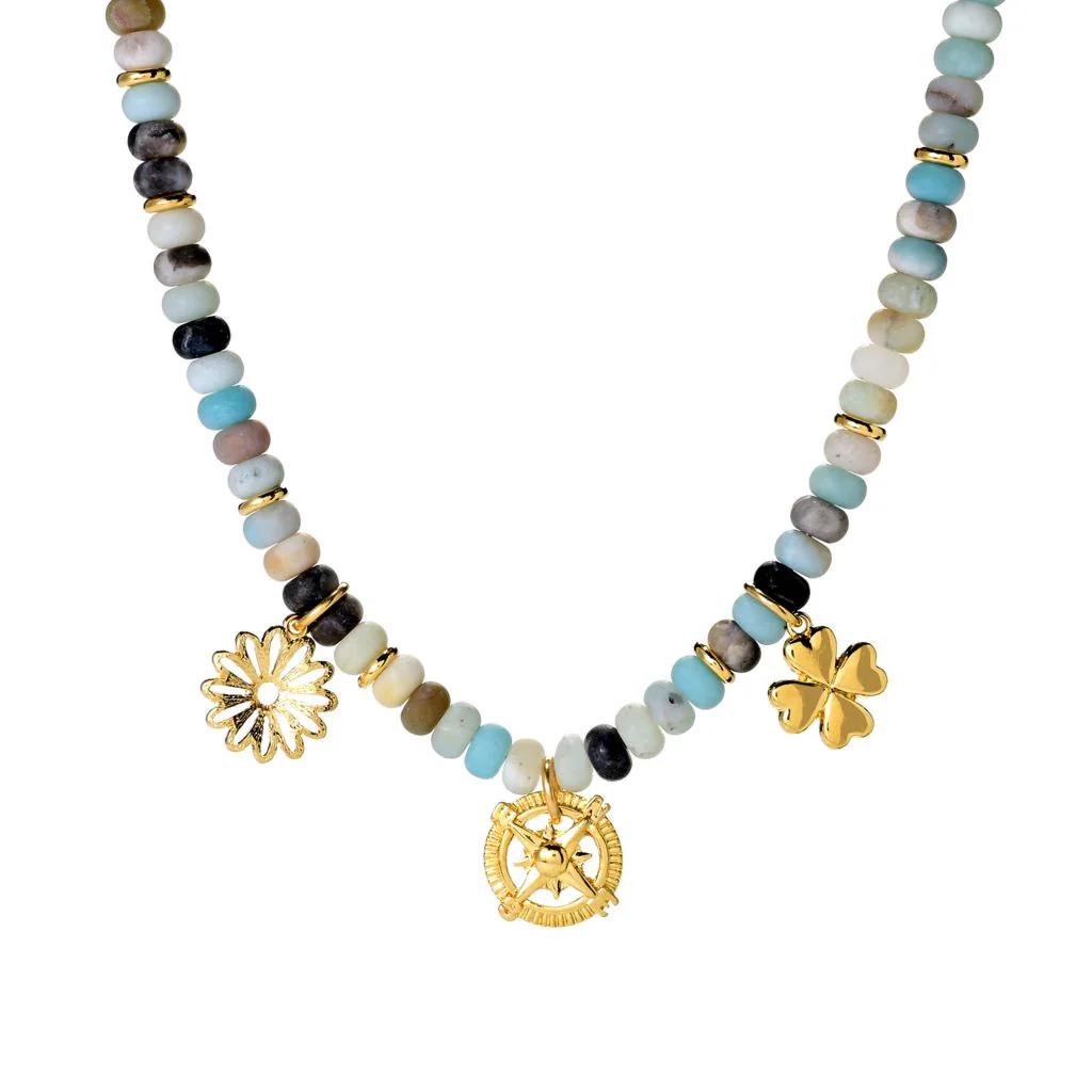 MAYAMAR 24K Gold Plated 8.5mm Amazonite Rondelle Bead Charm Necklace - Image 3