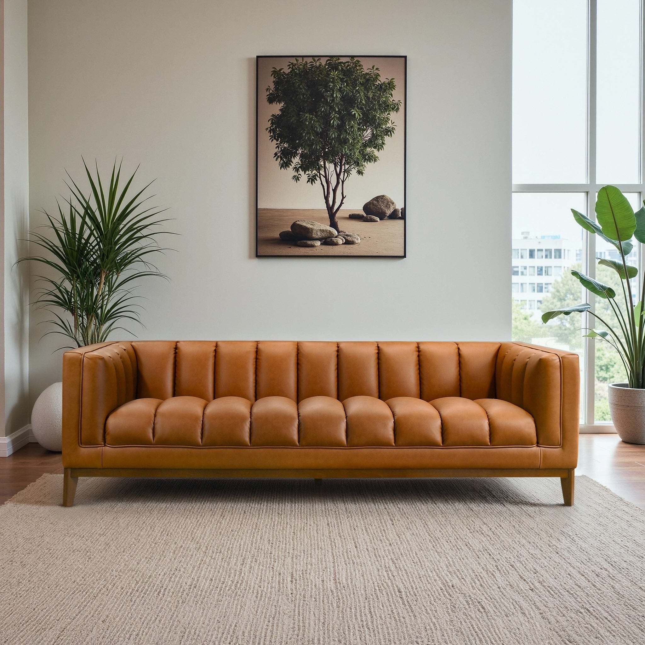 Melissa Mid-Century Cognac Vegan Leather Modern Sofa - Image 2