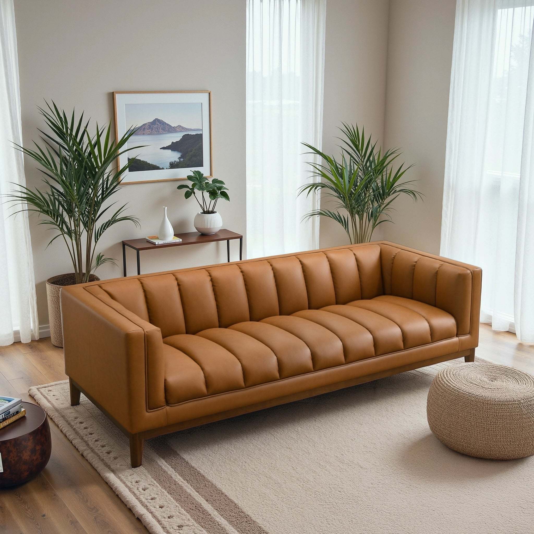 Melissa Mid-Century Cognac Vegan Leather Modern Sofa - Image 3