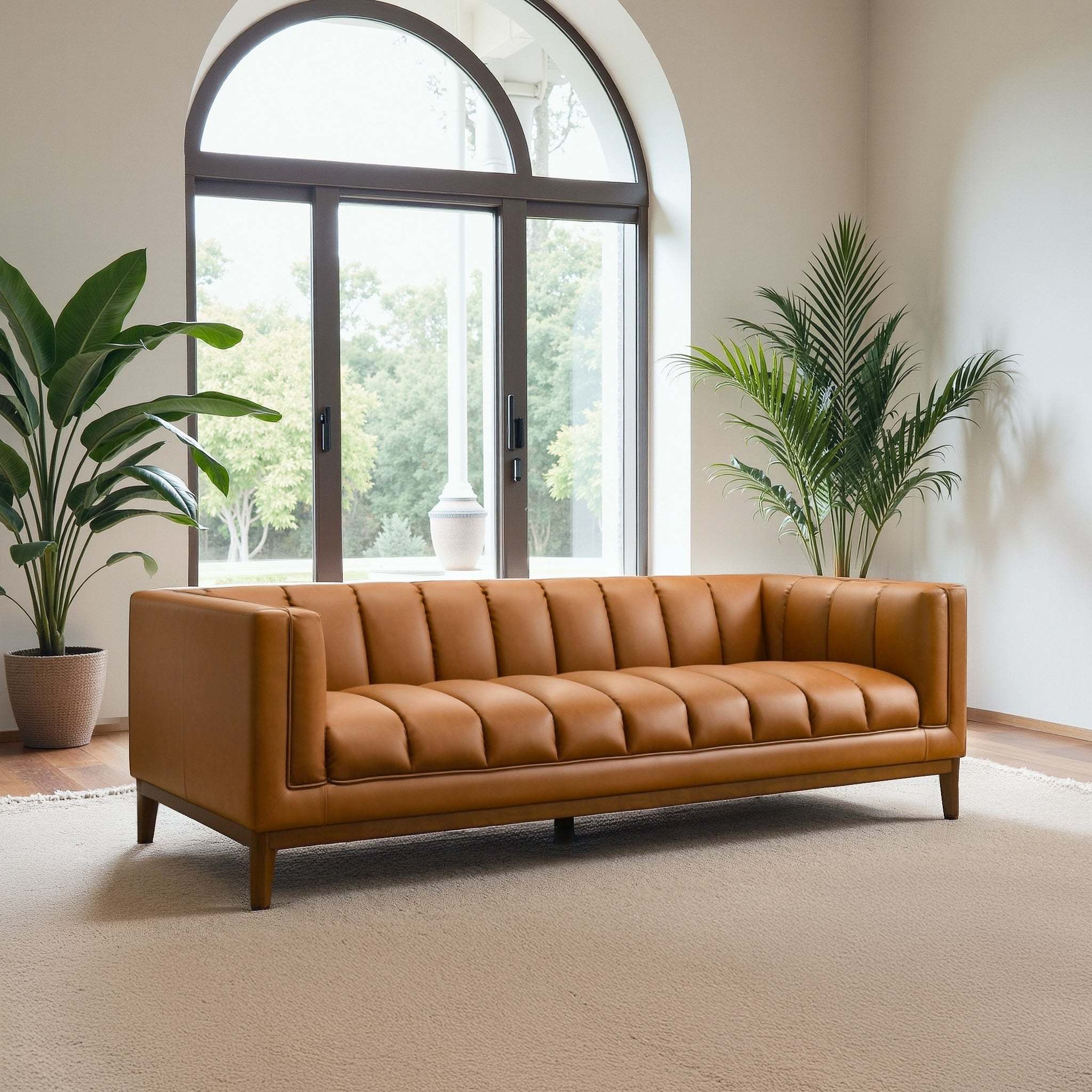 Melissa Mid-Century Cognac Vegan Leather Modern Sofa - Image 6
