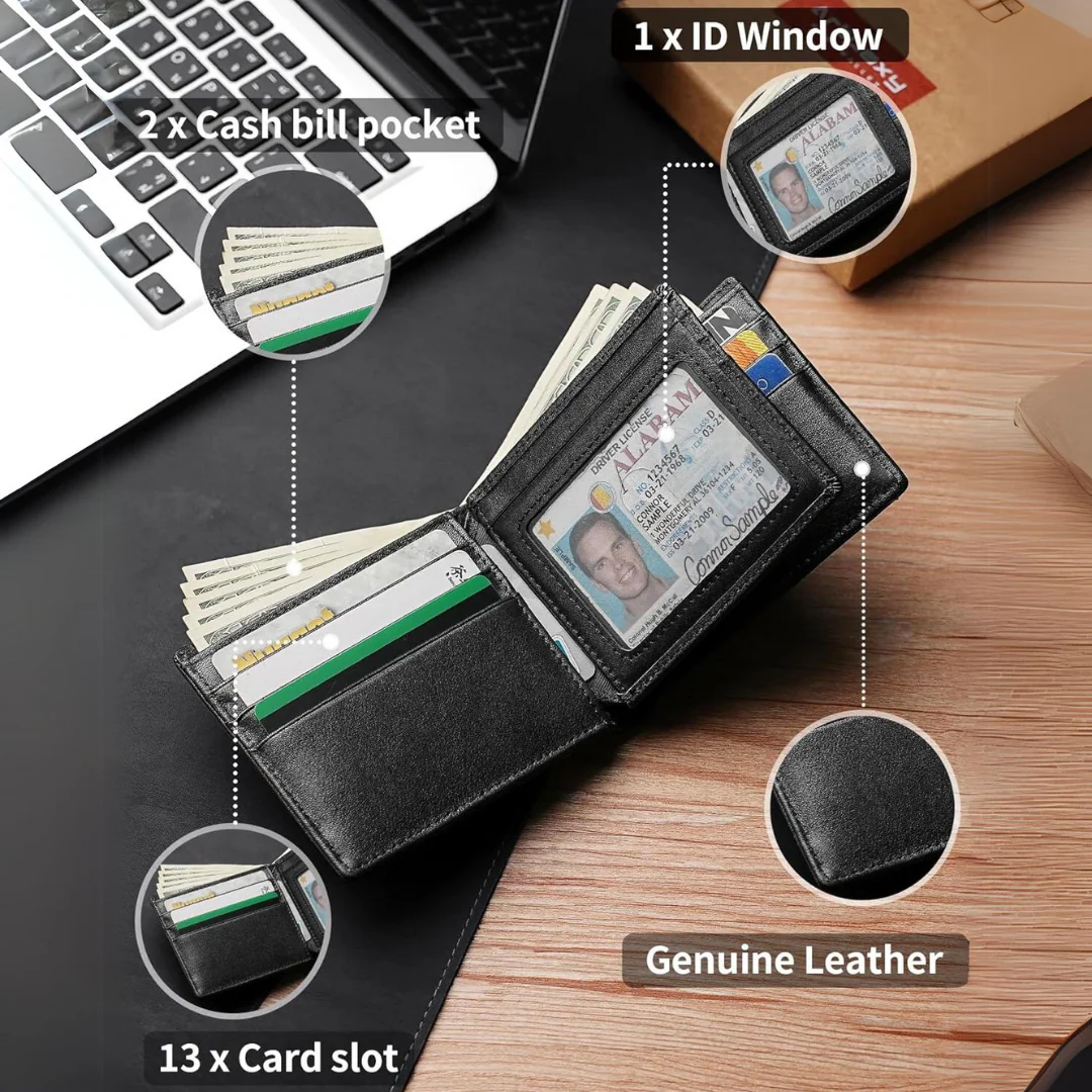 Men’s Genuine Leather RFID Blocking Bifold Wallet 13 Card Slots - Image 10