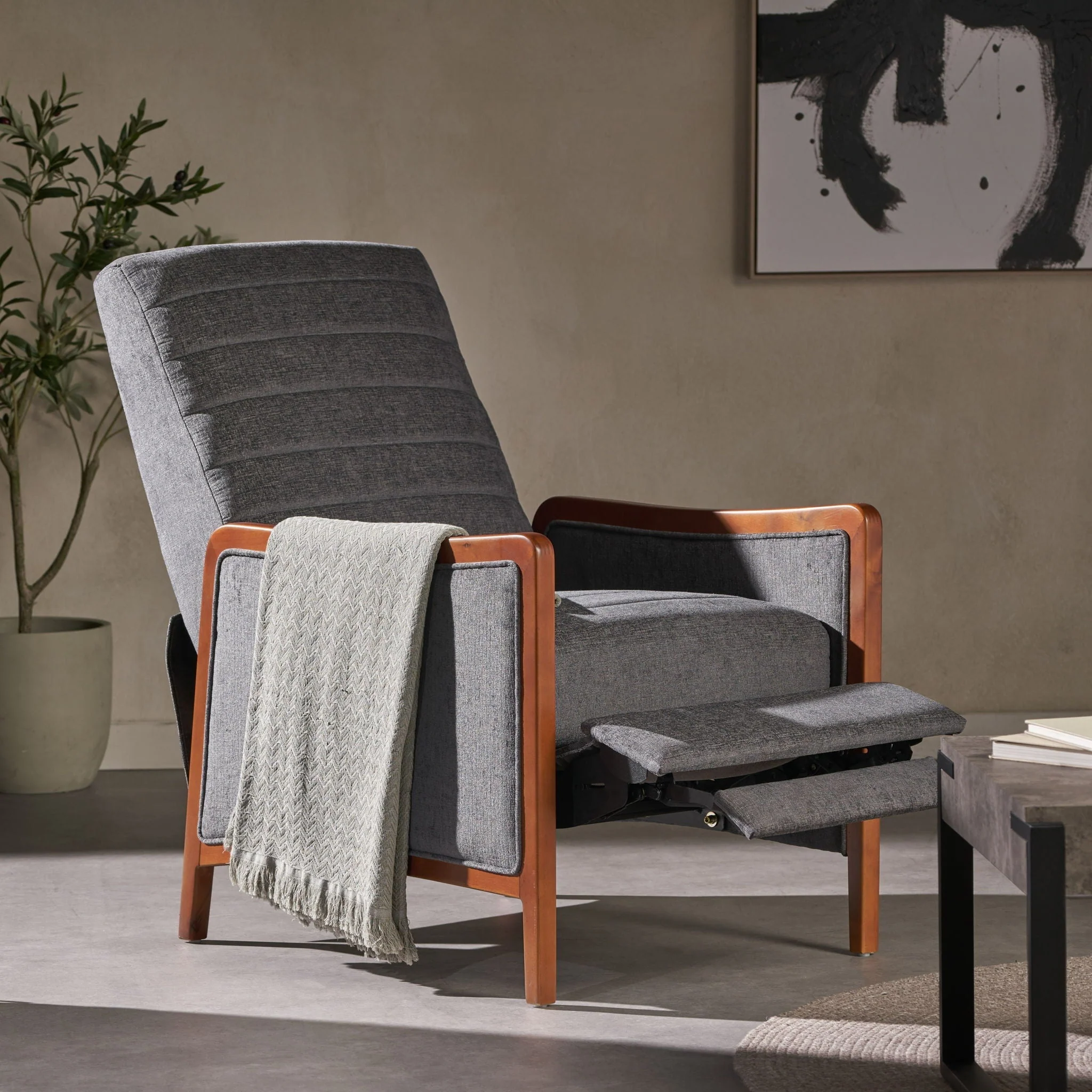 Mendota - Mid Century Modern Fabric Channel Stitch Wood Pushback Recliner - Gray - Image 2