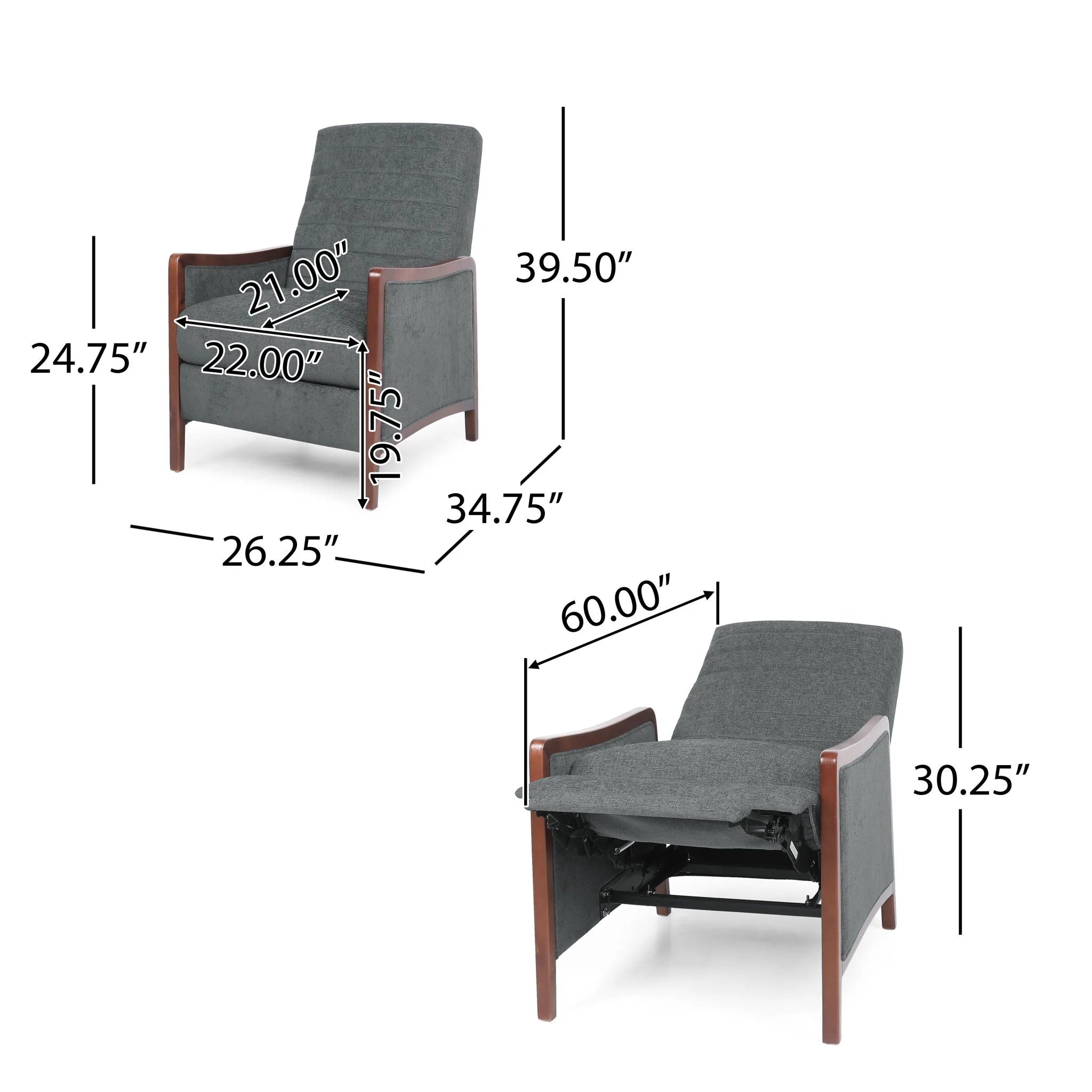 Mendota - Mid Century Modern Fabric Channel Stitch Wood Pushback Recliner - Gray - Image 3