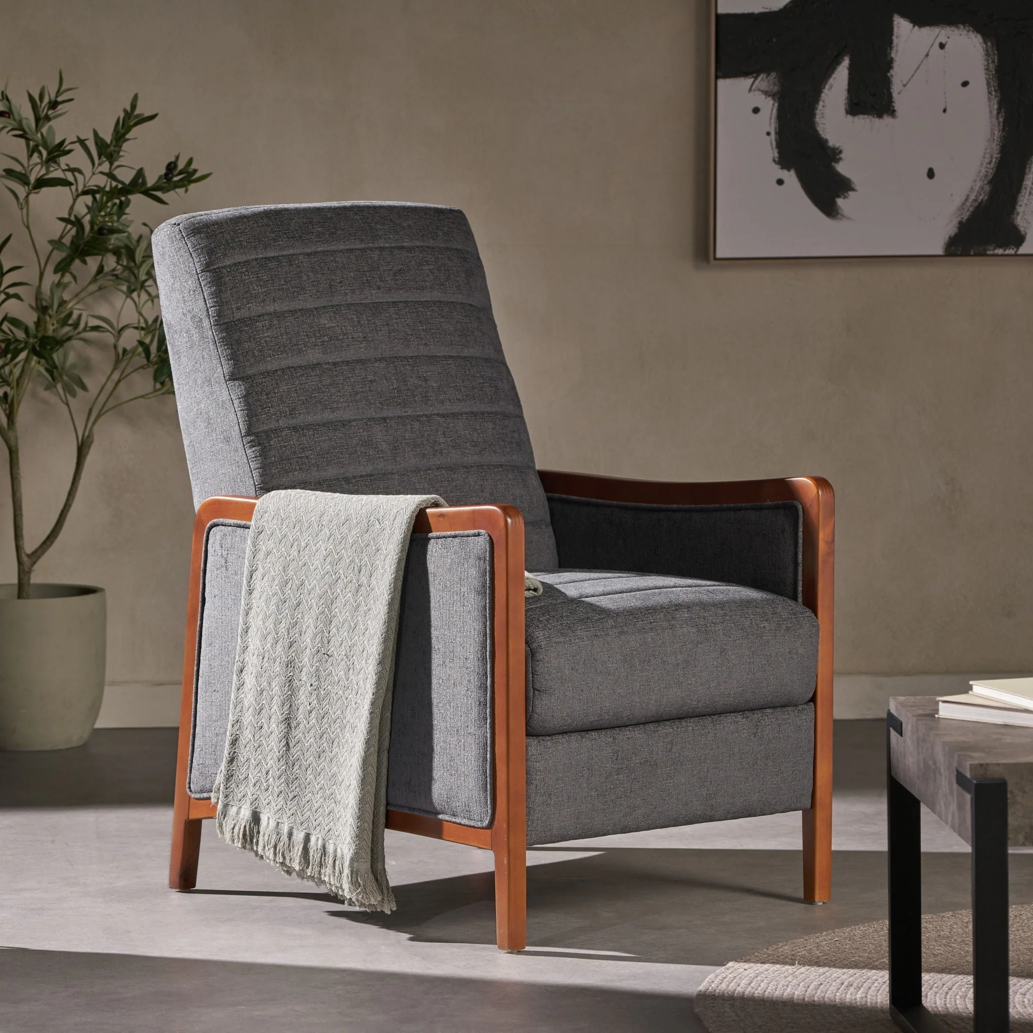 Mendota - Mid Century Modern Fabric Channel Stitch Wood Pushback Recliner - Gray - Image 4