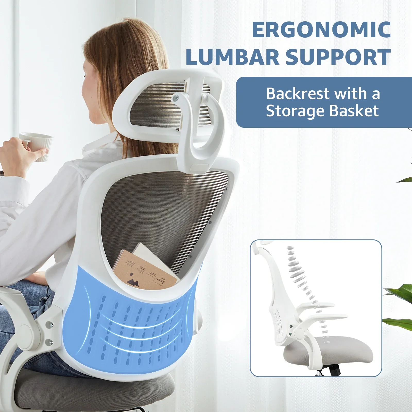 Mesh Ergonomic Office Chair Flip-Up Arms Adjustable Headrest Lumbar Support - Image 2