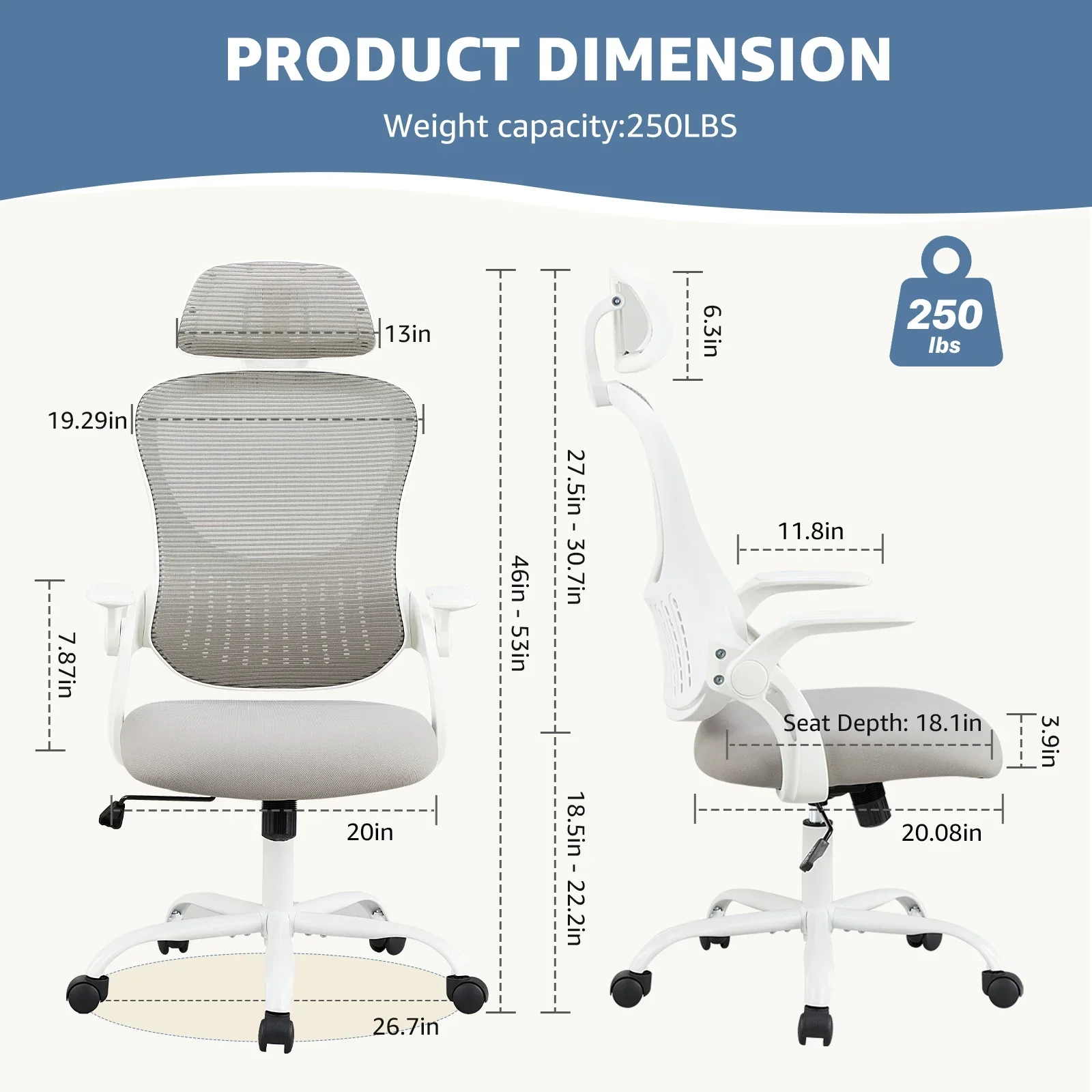 Mesh Ergonomic Office Chair Flip-Up Arms Adjustable Headrest Lumbar Support - Image 3