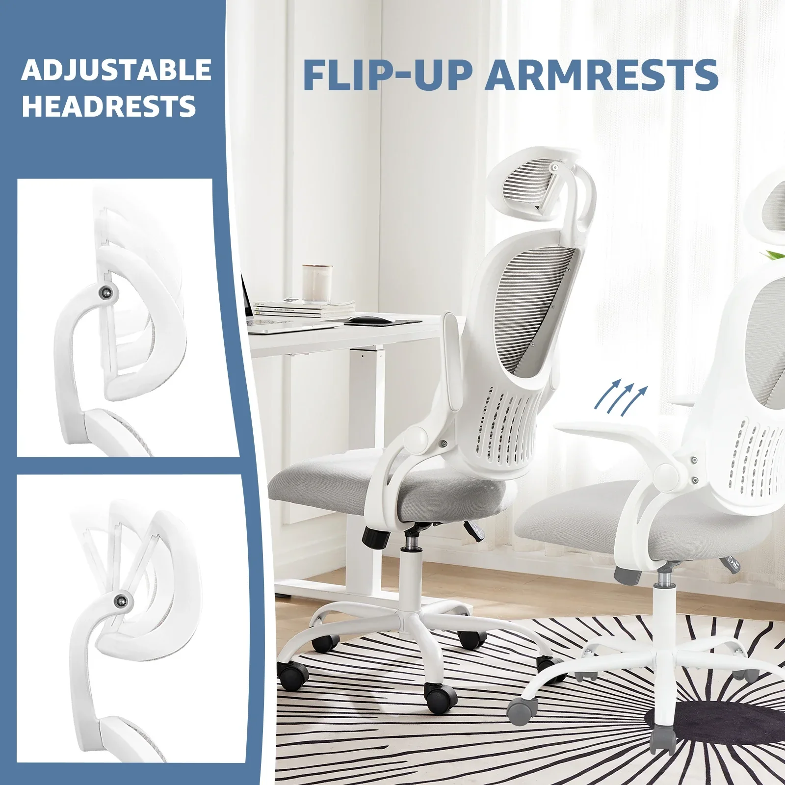 Mesh Ergonomic Office Chair Flip-Up Arms Adjustable Headrest Lumbar Support - Image 5