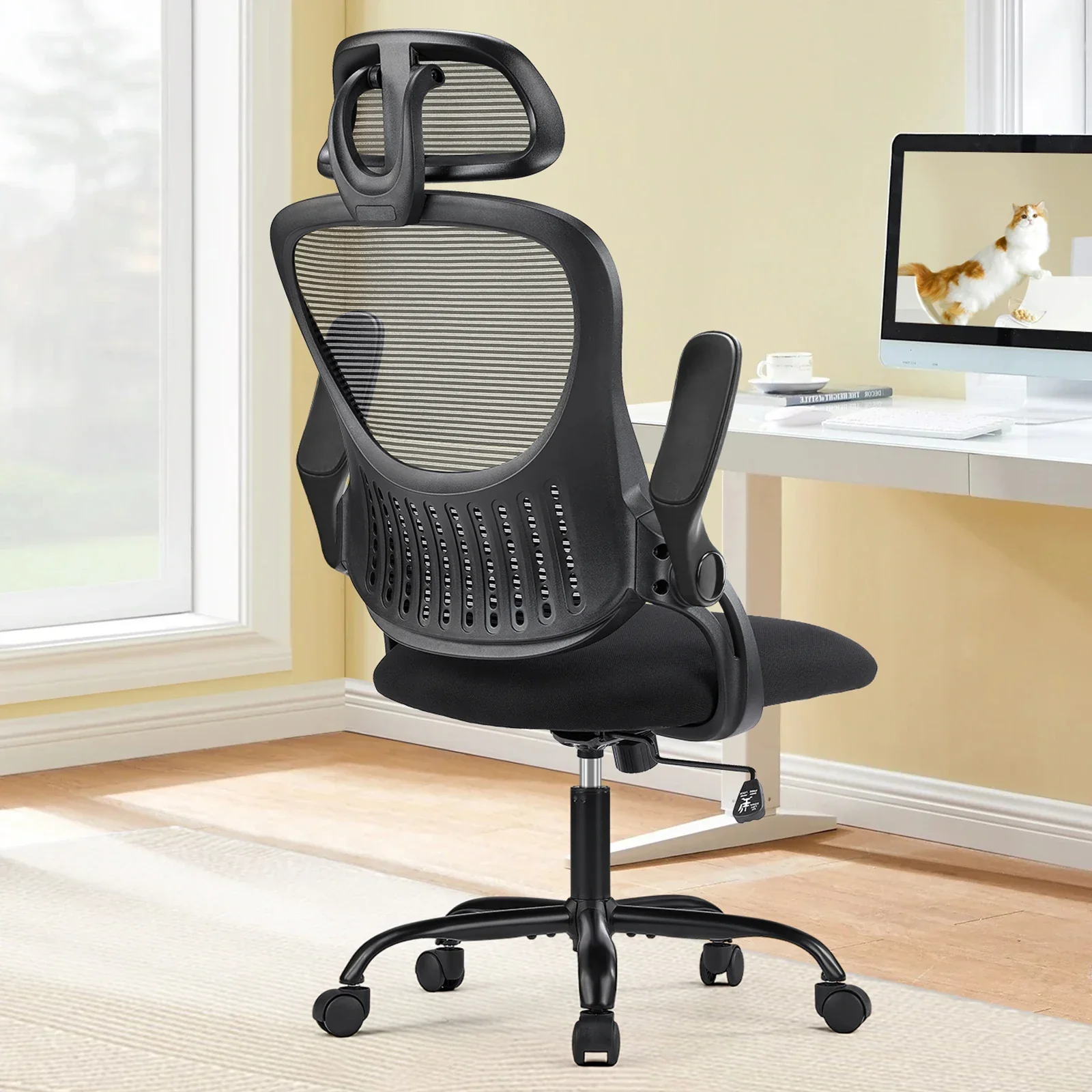 Mesh Ergonomic Office Chair Flip-Up Arms Adjustable Headrest Lumbar Support - Image 8
