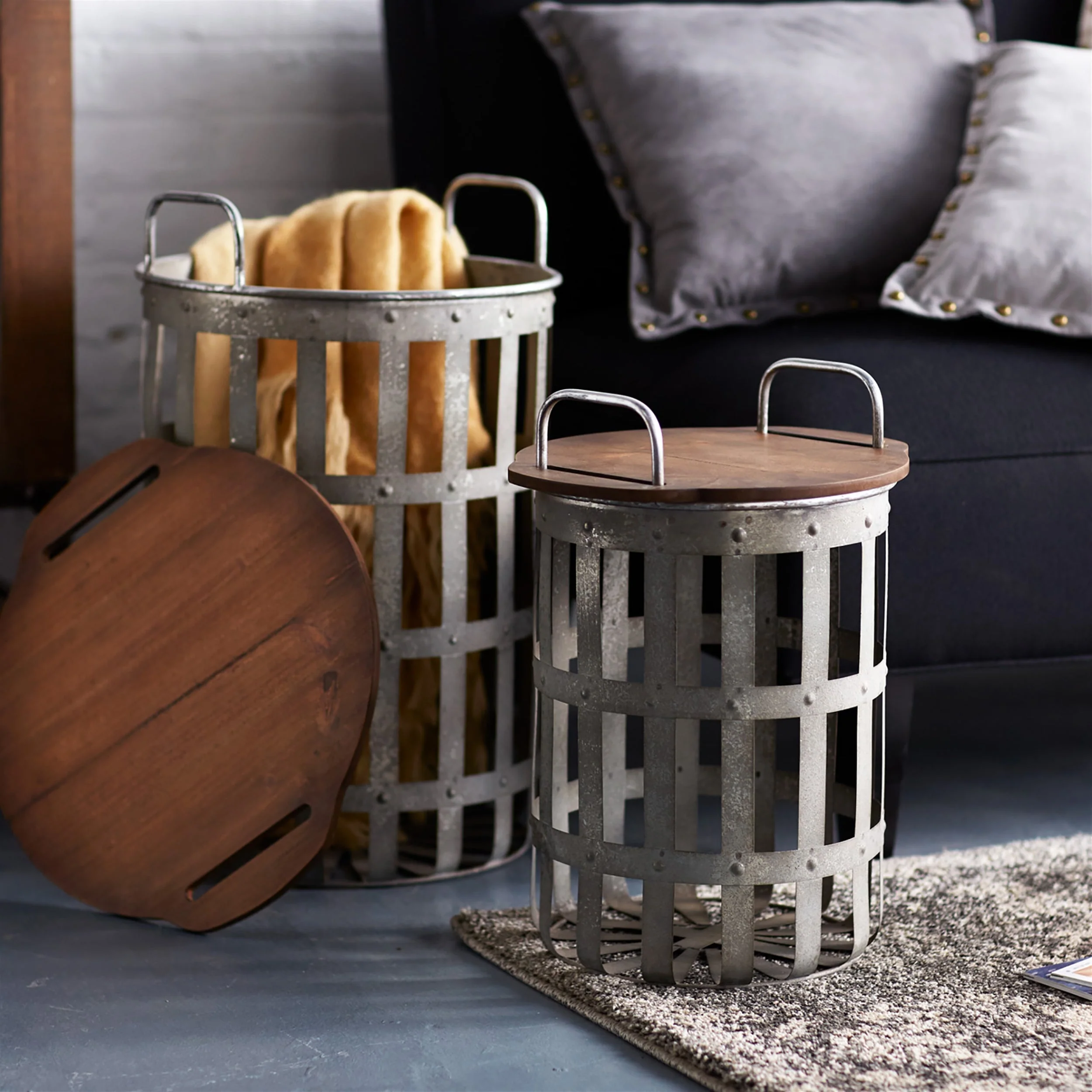 Metal and Wood Side Basket Tables (Set of 2) - Image 3