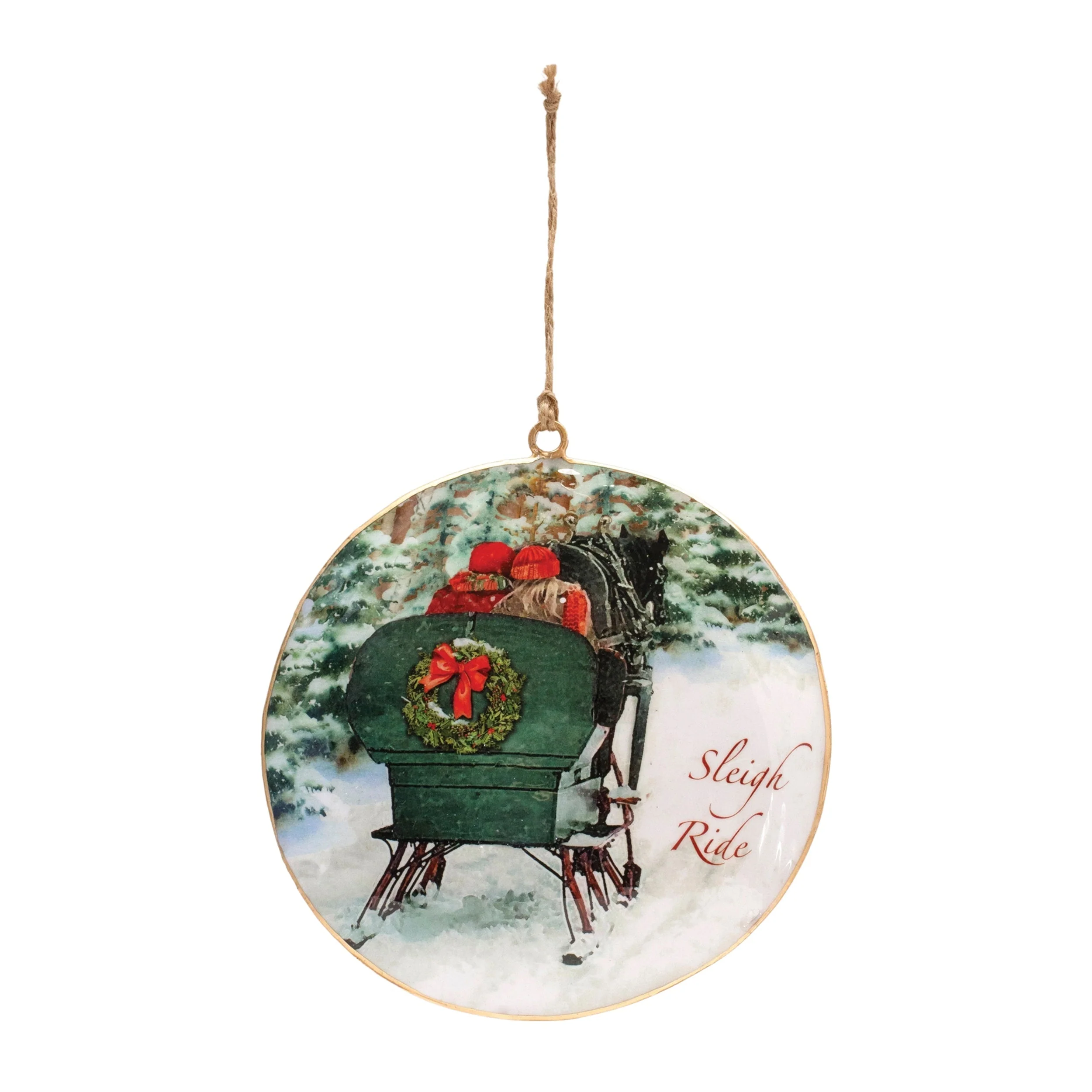 Metal Couple Sleigh Ride Disc Ornament (Set of 6) - Image 3