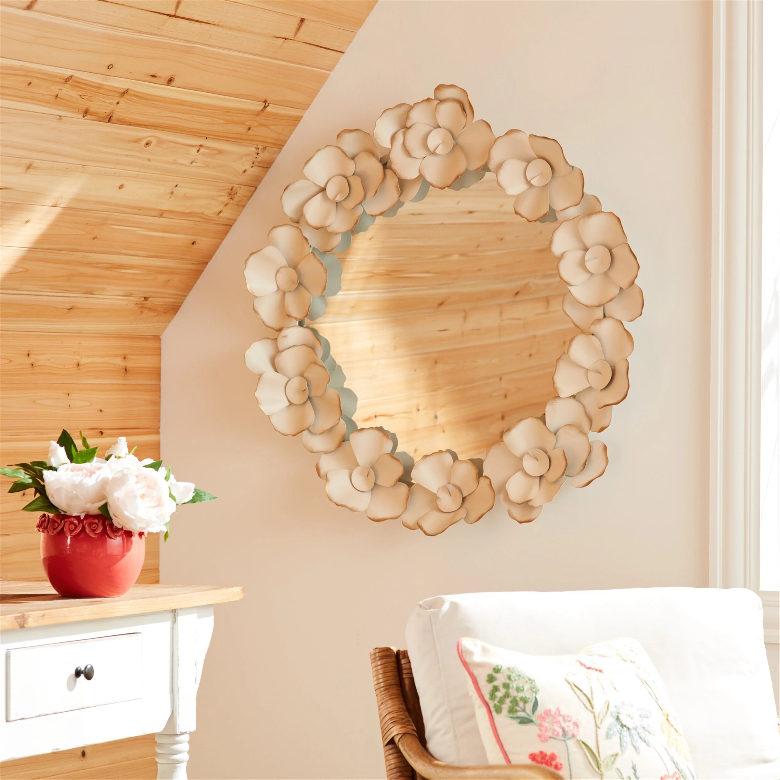 Metal floral sculpture wall mirror 32"d - Image 2