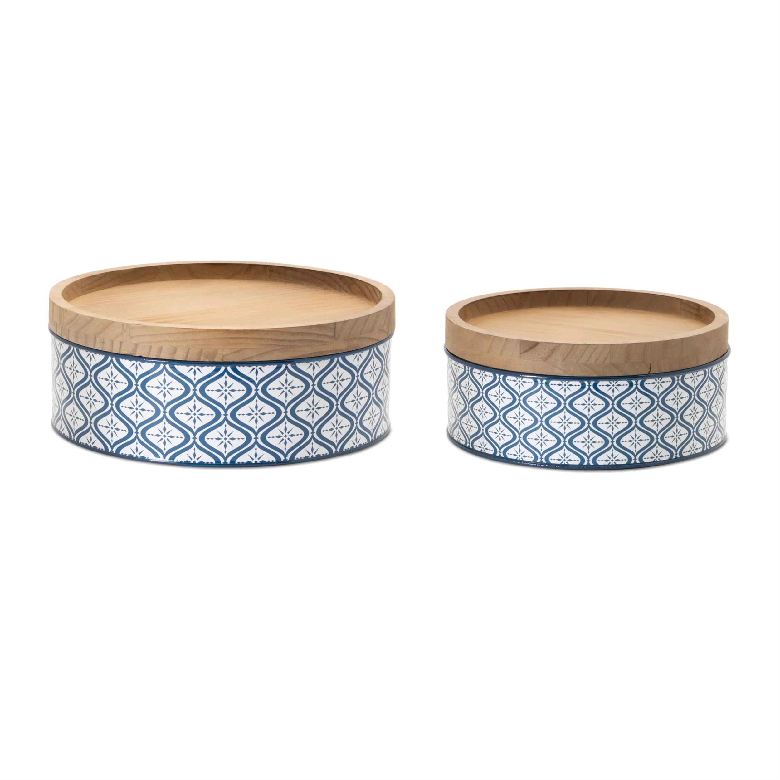 Metal patterned canister with natural wood lid (set of 2)