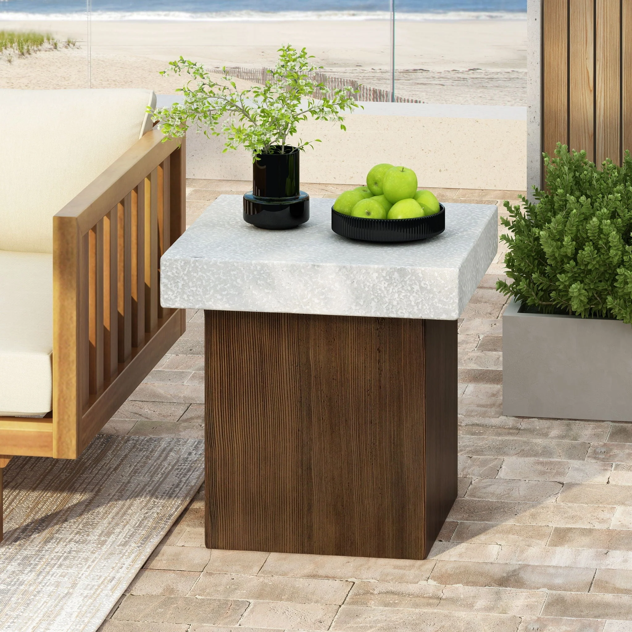 Mgo Square Side Table with Faux Stone Top and Wood Frame - Antique White / Natural Wood - Image 2