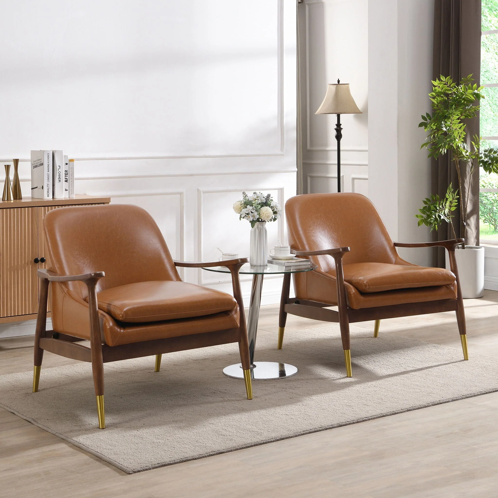 Mid-Century Accent Chair With Cushioned Seat, Brass Tipped Legs - Image 11