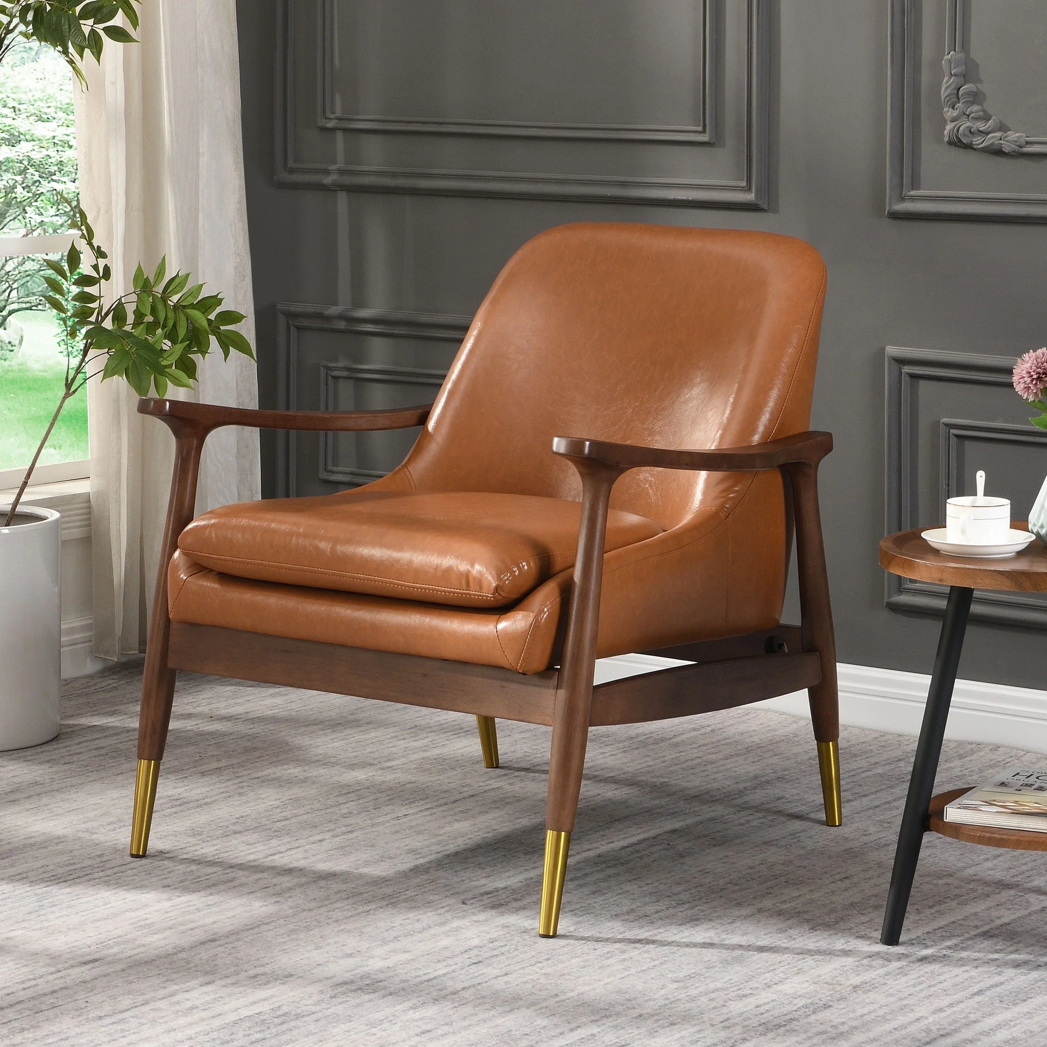 Mid-Century Accent Chair With Cushioned Seat, Brass Tipped Legs - Image 13