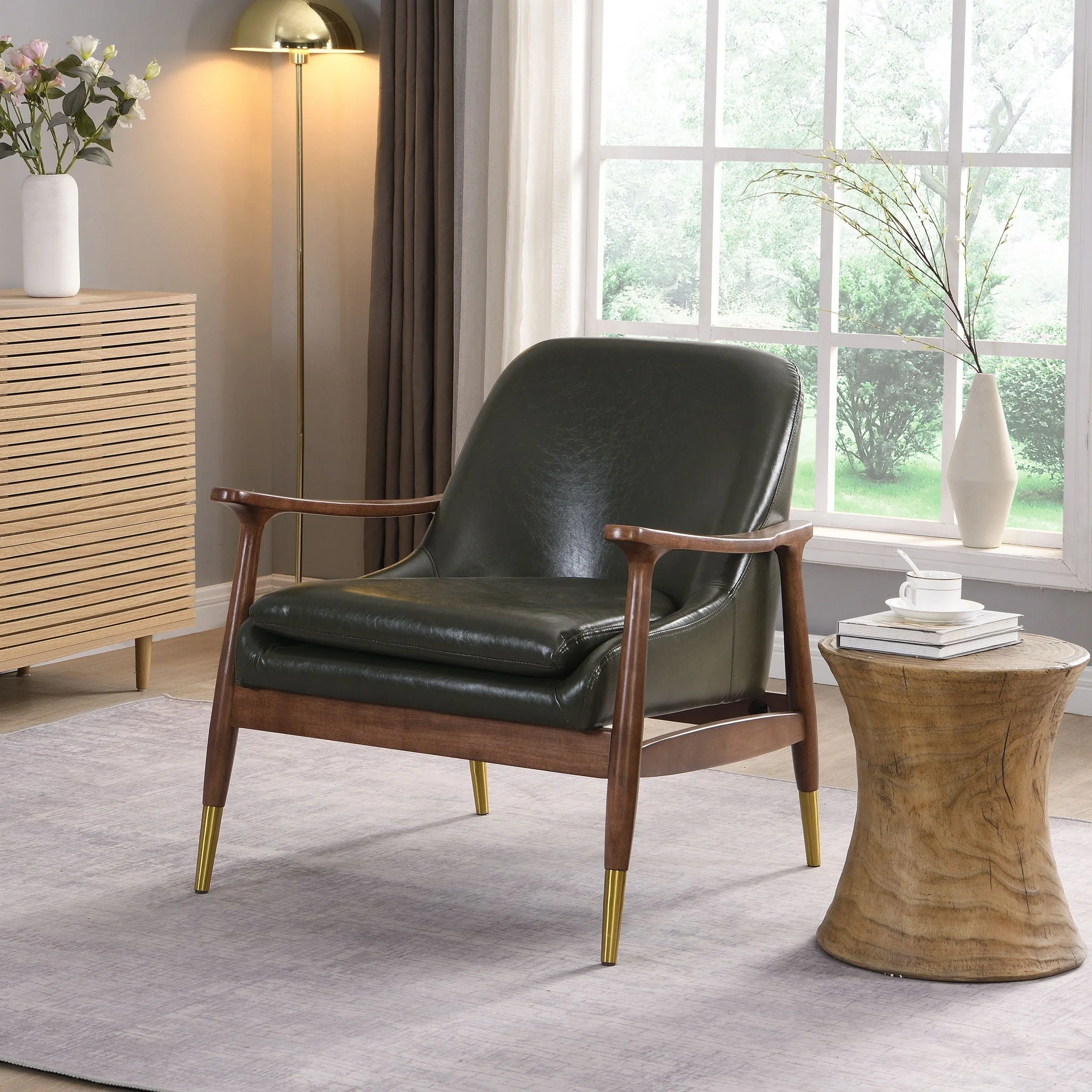 Mid-Century Accent Chair With Cushioned Seat, Brass Tipped Legs - Image 14
