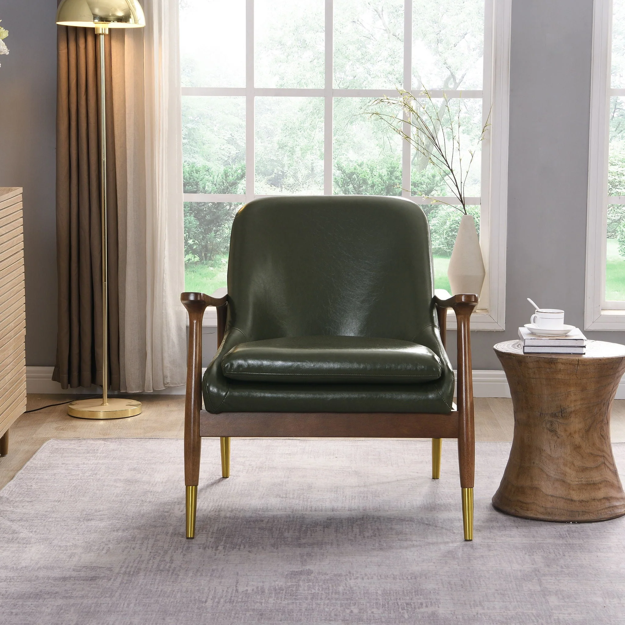 Mid-Century Accent Chair With Cushioned Seat, Brass Tipped Legs - Image 8