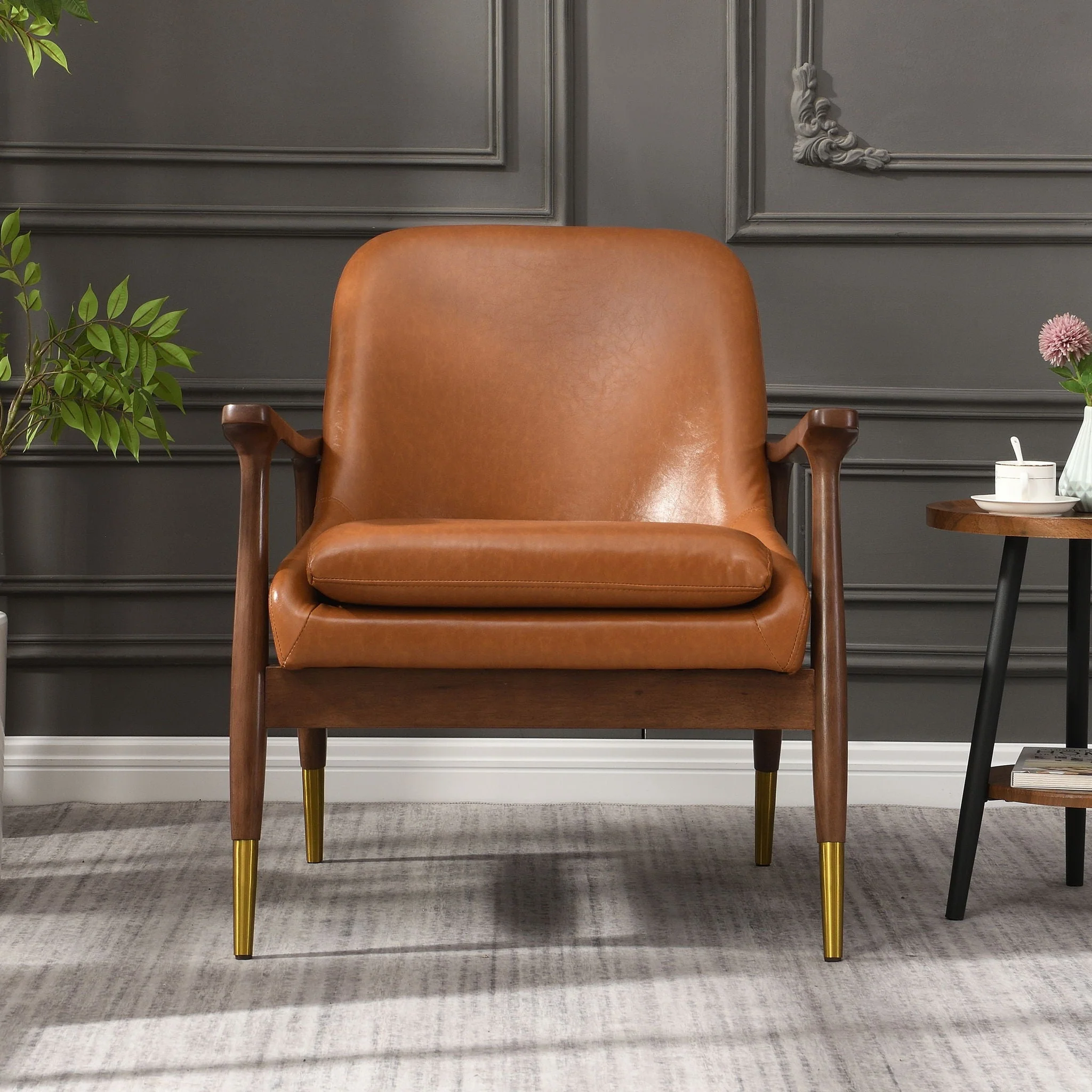 Mid-Century Accent Chair With Cushioned Seat, Brass Tipped Legs - Image 9