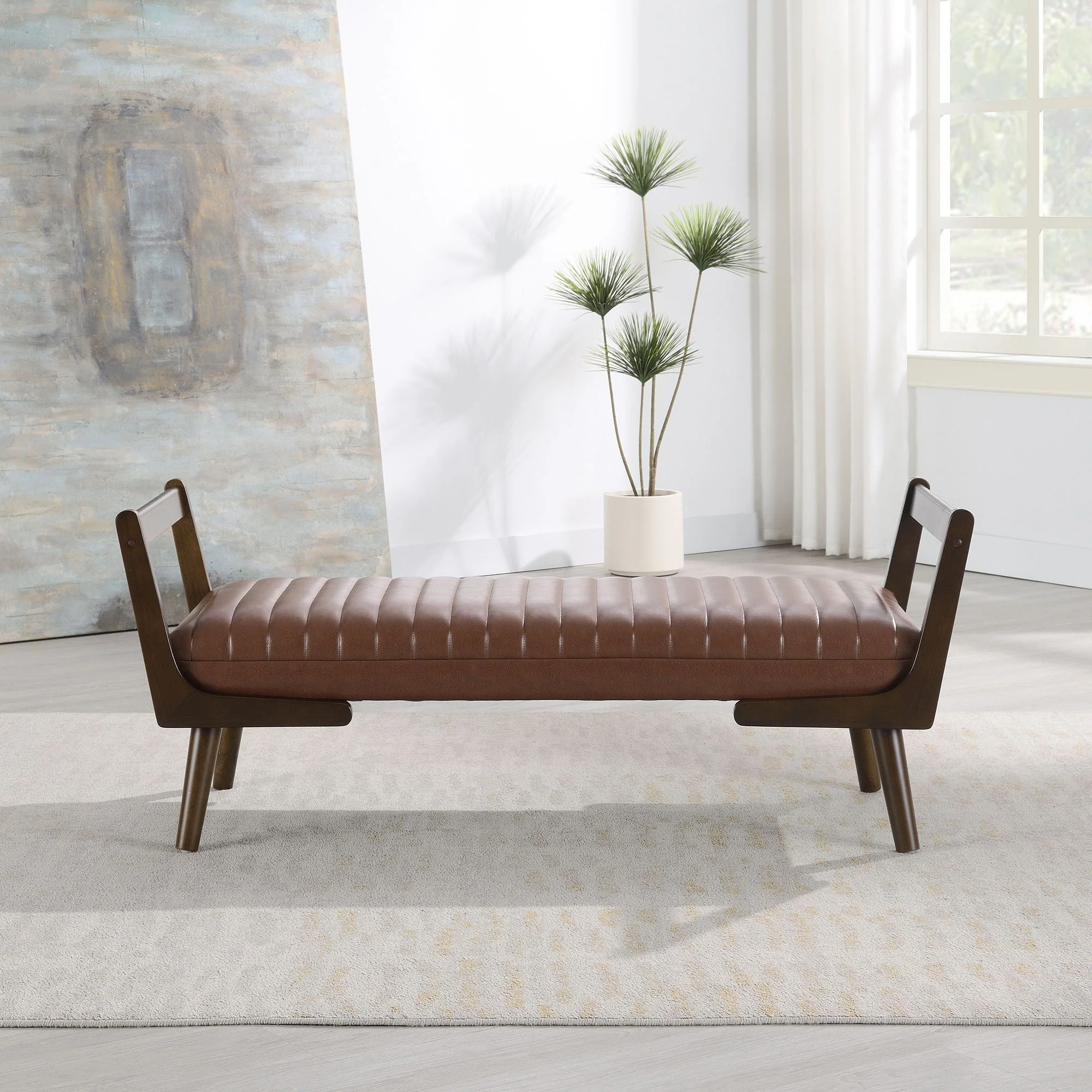 Mid-Century Bench With Wood Legs - Image 4