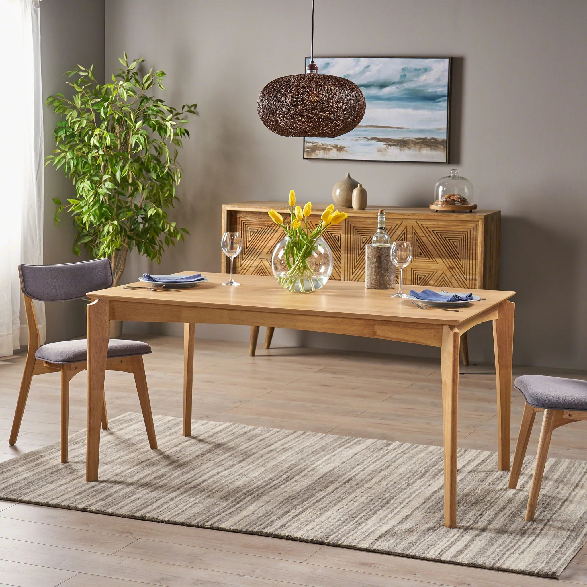 Mid Century Dining Table, Rubberwood With Walnut Veneer - Natural Oak - Image 3