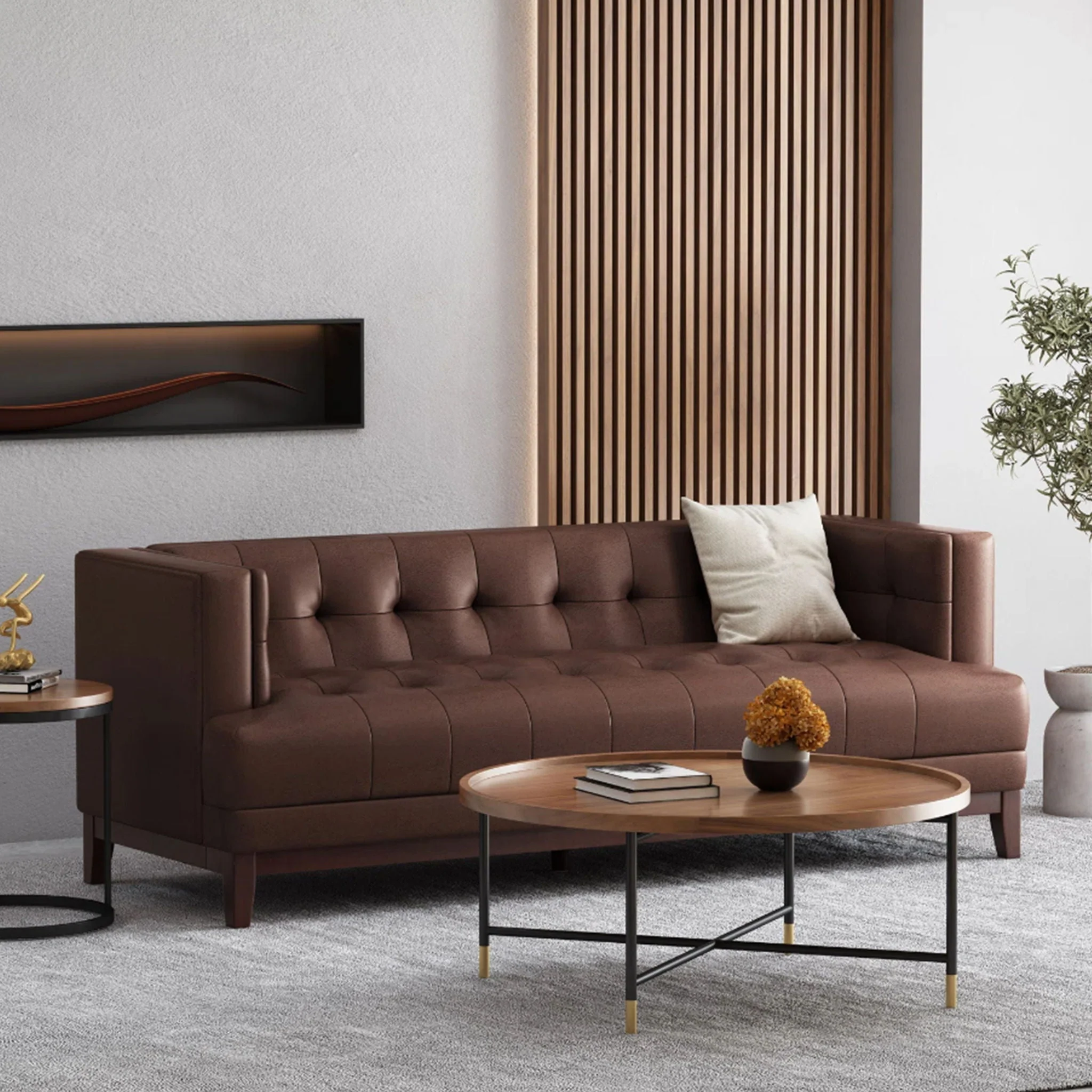 Mid Century Modern 3 Seater Sofa With Tufted Stitching - Dark Brown - Image 4