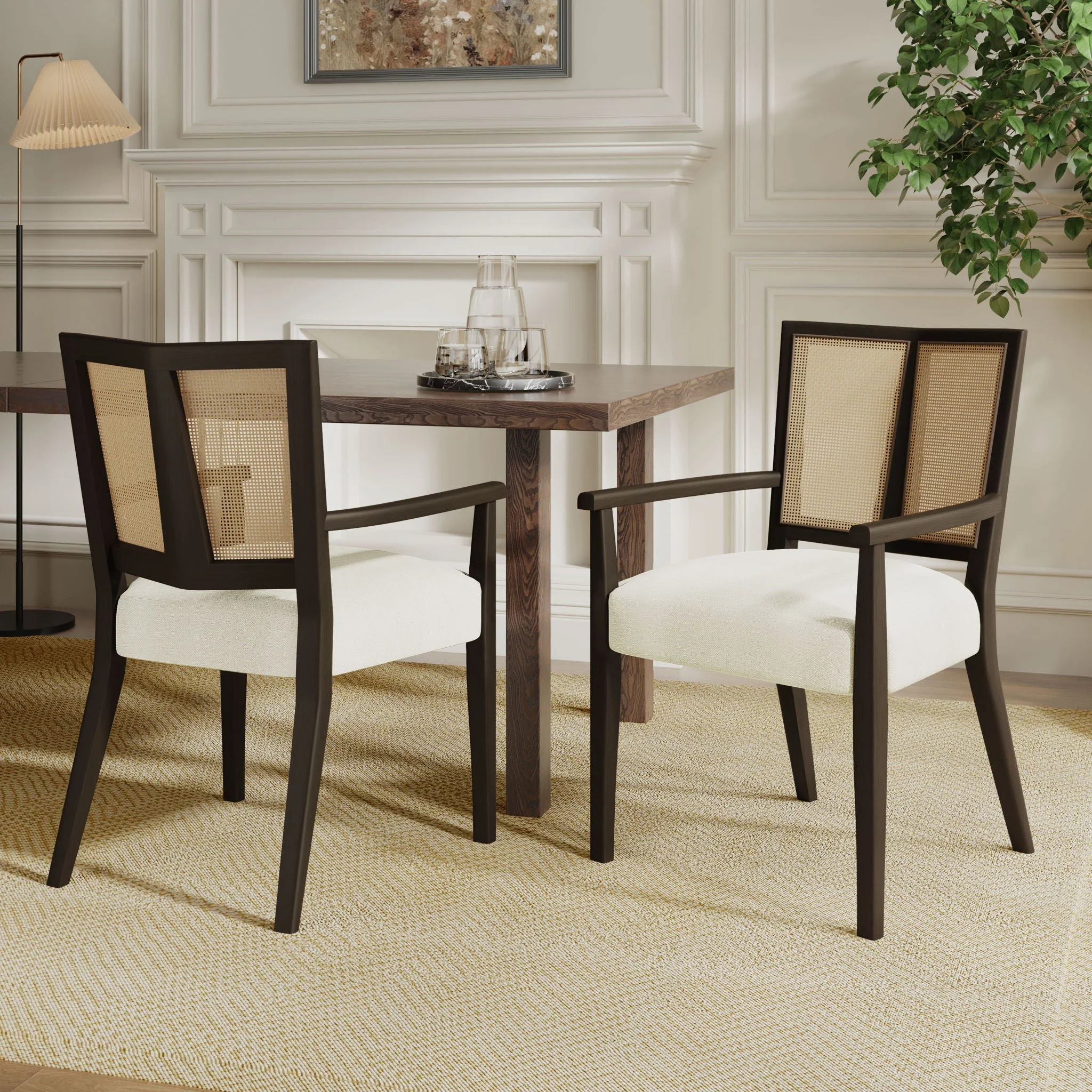 Mid Century Modern Arm Dining Chair Set With Rattan Backrest - Image 10
