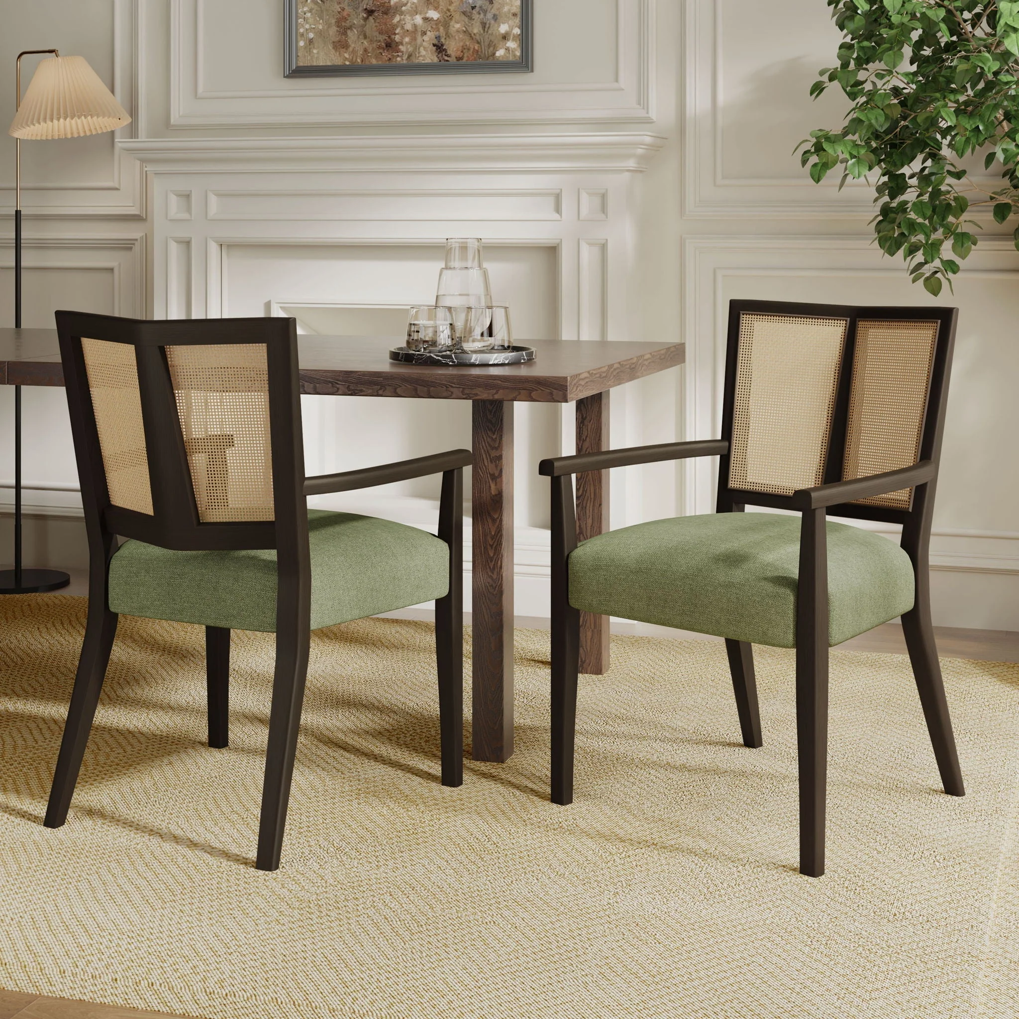 Mid Century Modern Arm Dining Chair Set With Rattan Backrest - Image 12