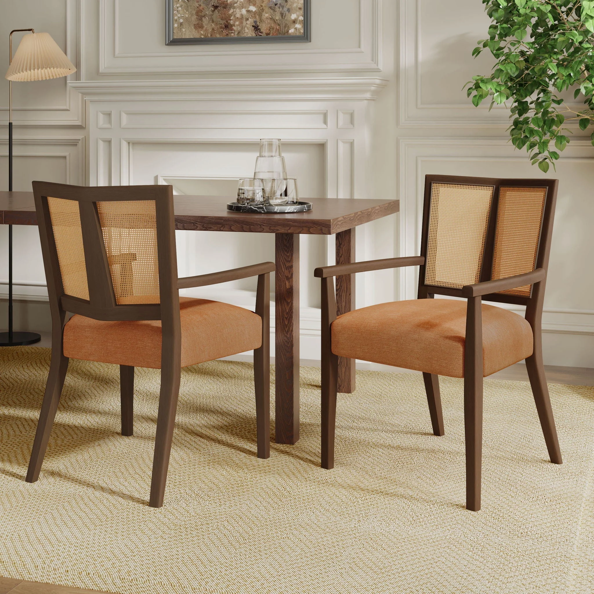 Mid Century Modern Arm Dining Chair Set With Rattan Backrest - Image 4