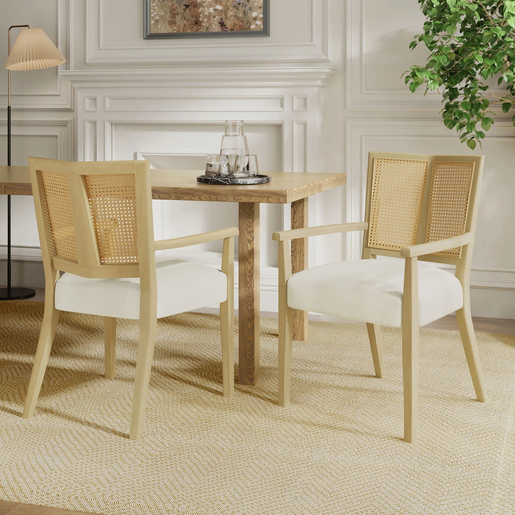 Mid Century Modern Arm Dining Chairs with Rattan Backrest - Image 3