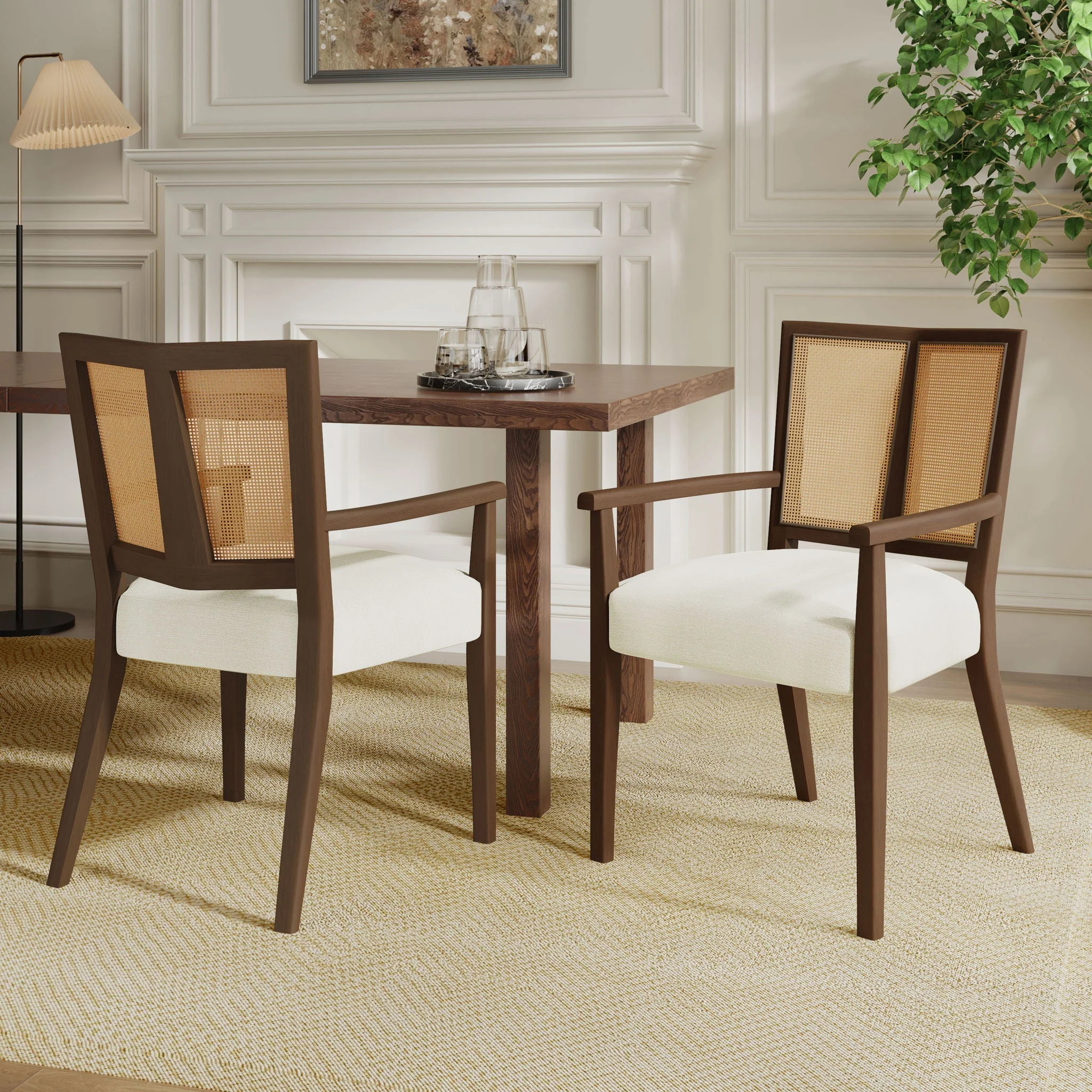 Mid Century Modern Arm Dining Chairs with Rattan Backrest - Image 6