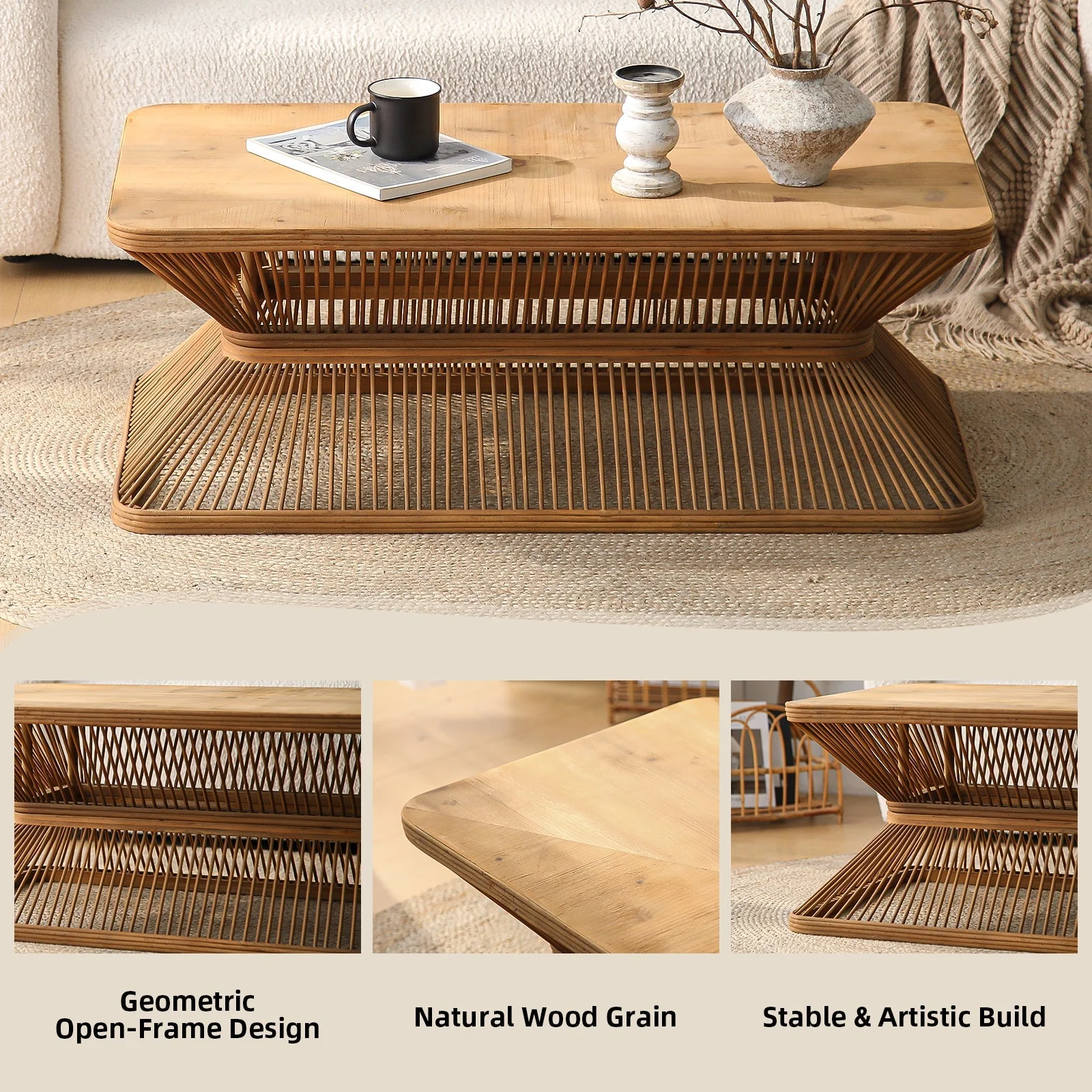 Mid-Century Modern Coffee Table with Woven Bamboo Base - Image 3