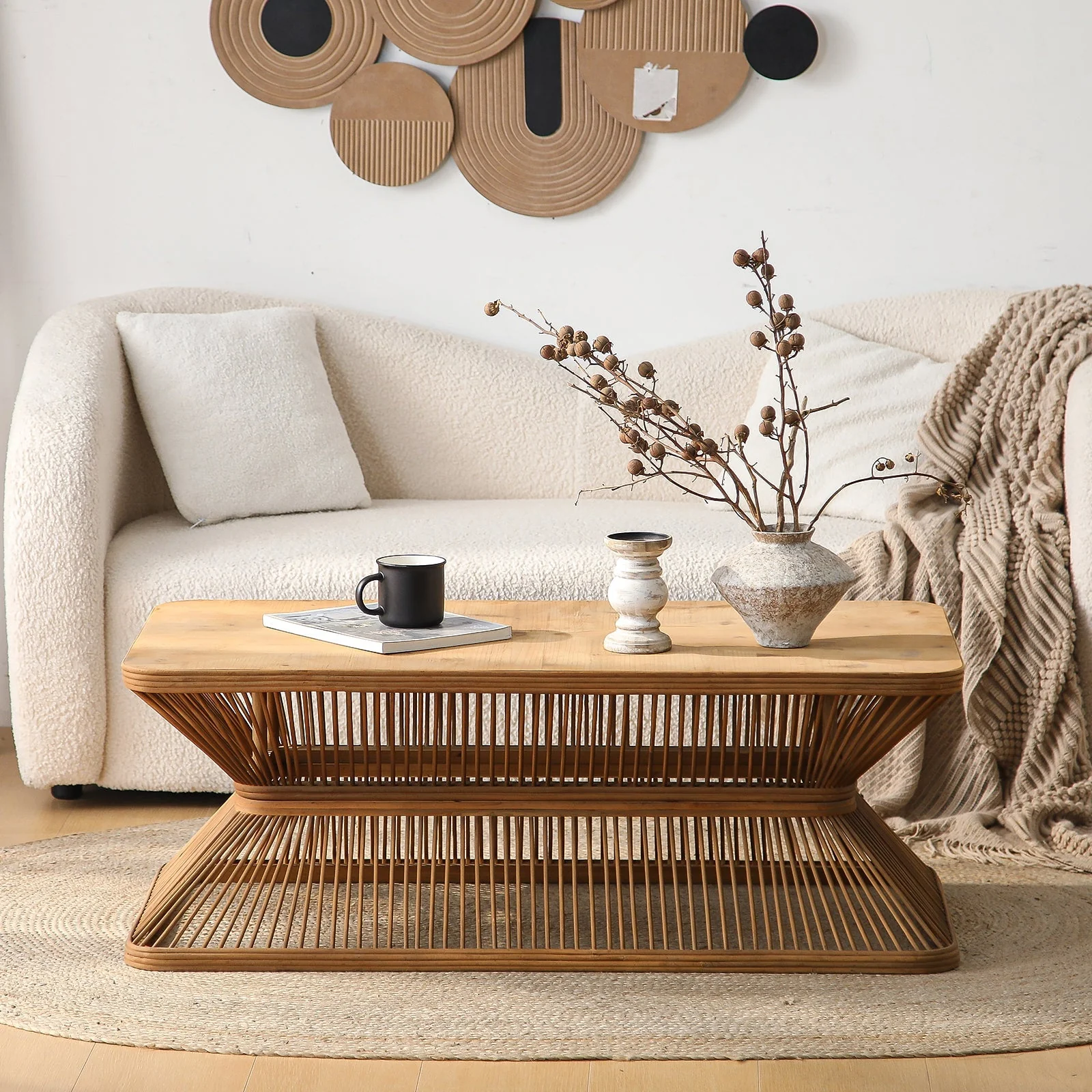 Mid-Century Modern Coffee Table with Woven Bamboo Base - Image 4