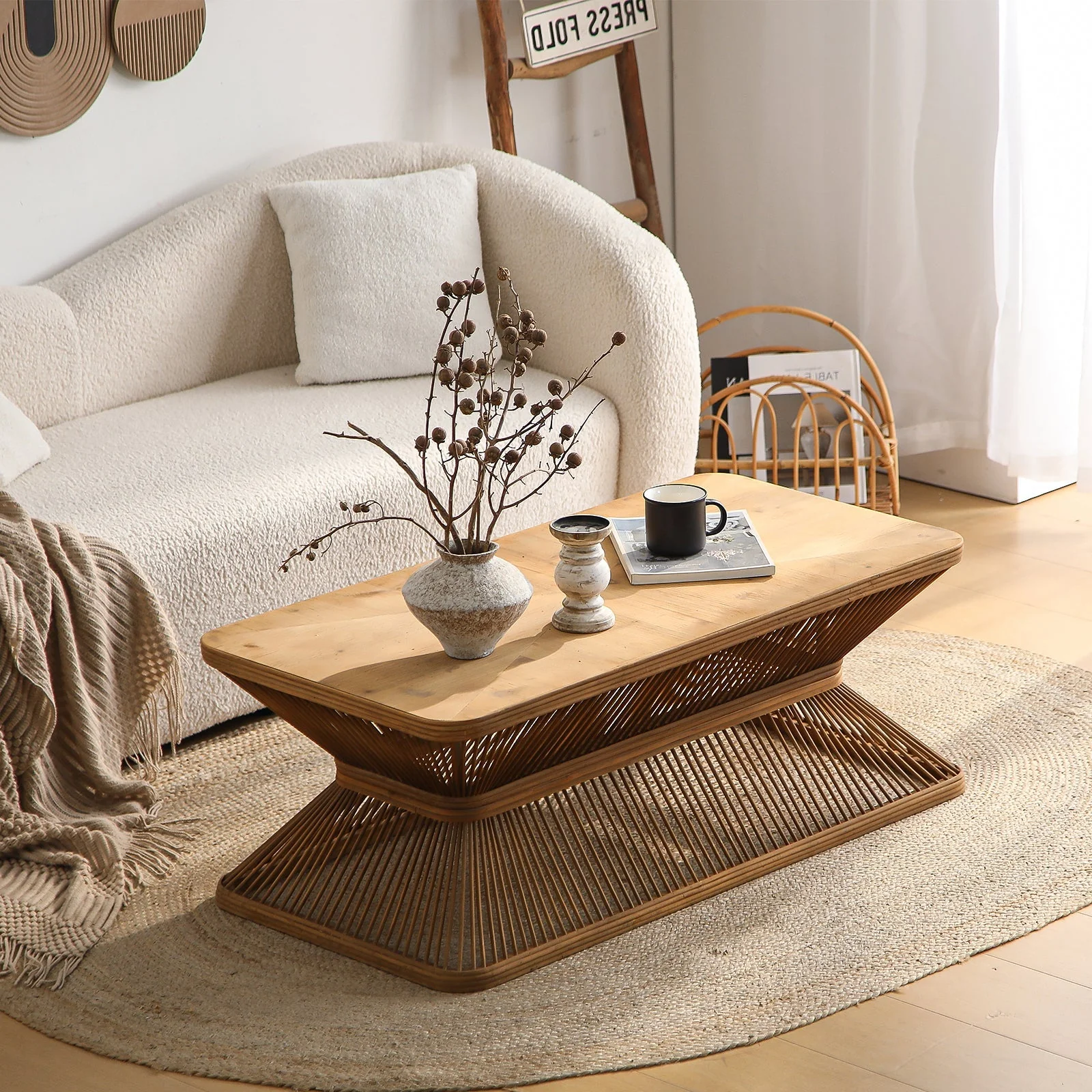 Mid-Century Modern Coffee Table with Woven Bamboo Base - Image 5