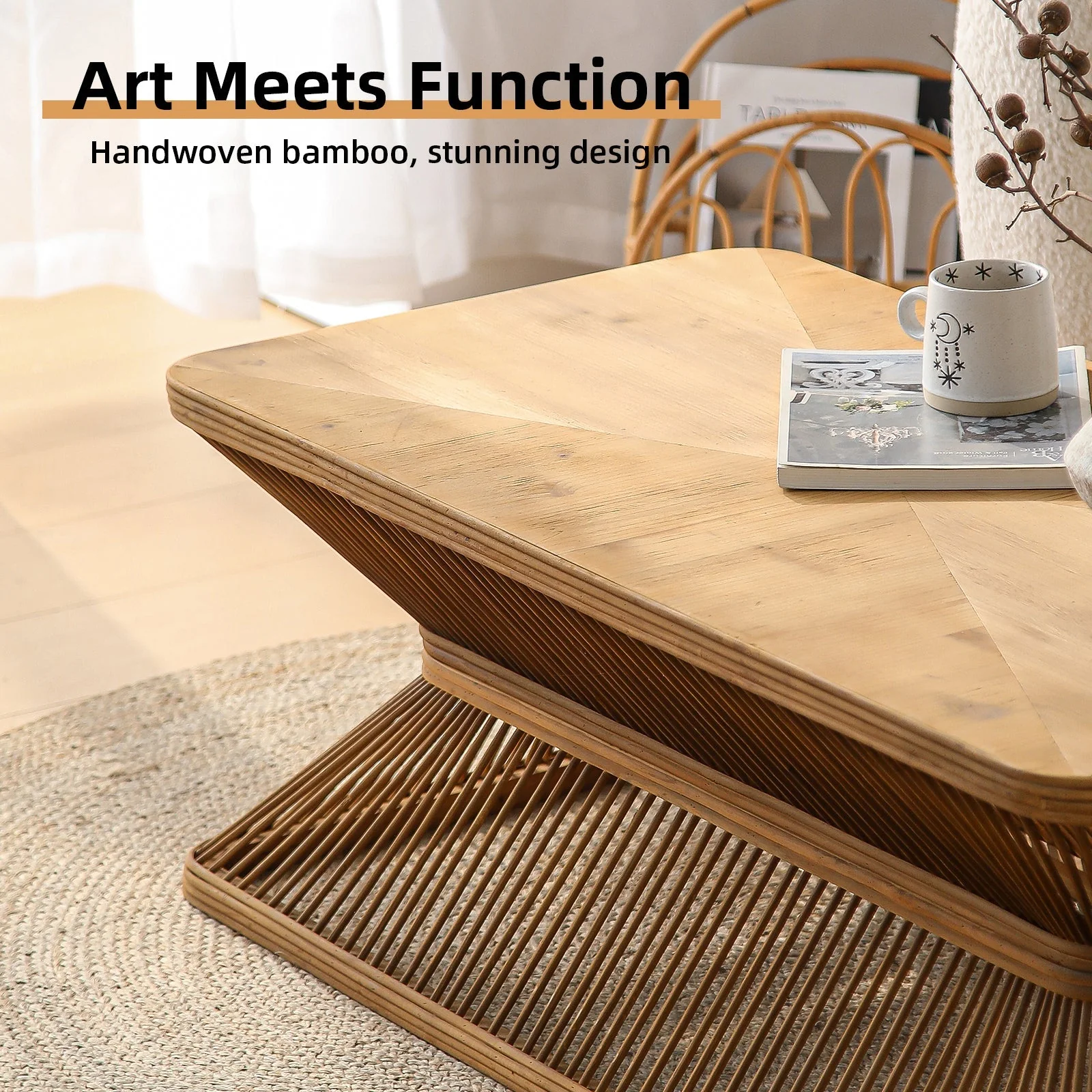 Mid-Century Modern Coffee Table with Woven Bamboo Base - Image 6