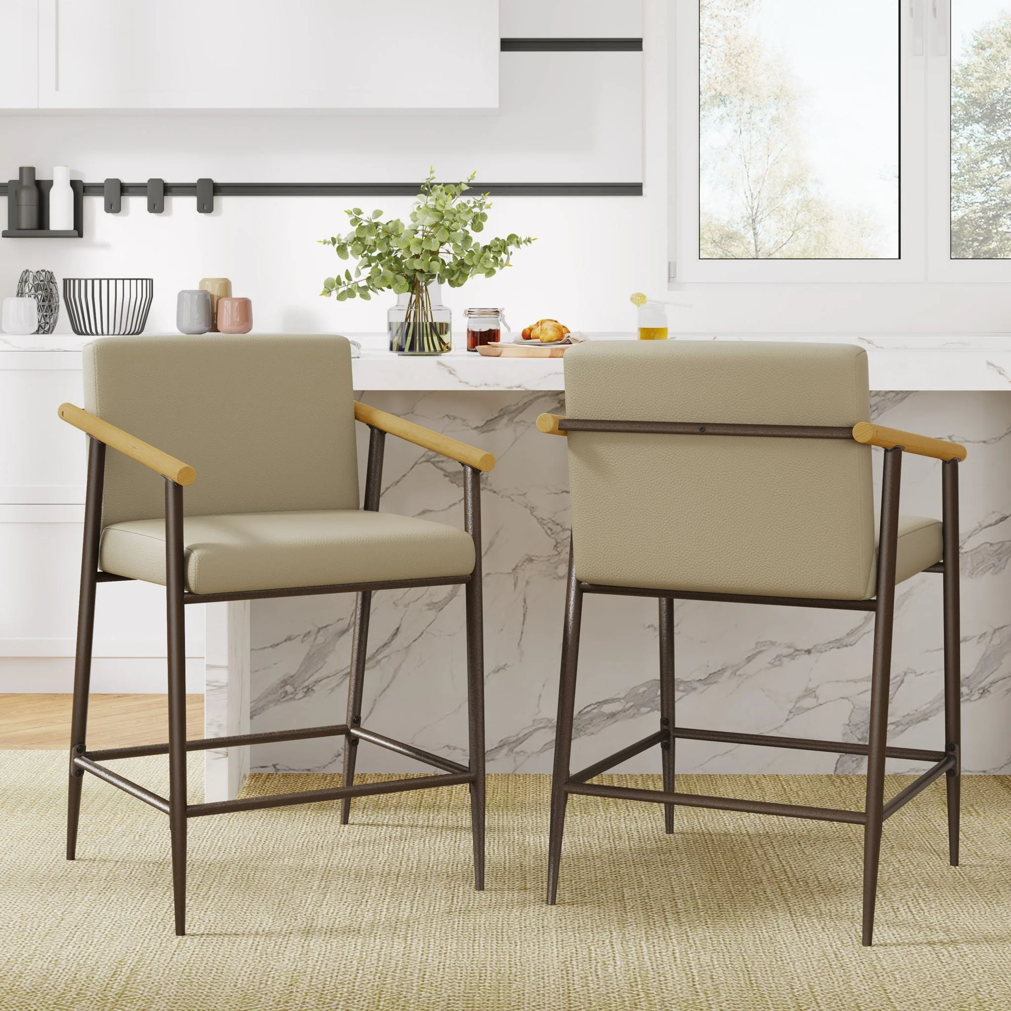 Mid Century Modern Counter Stool Set With Espresso Metal Frame - Khaki - Image 2