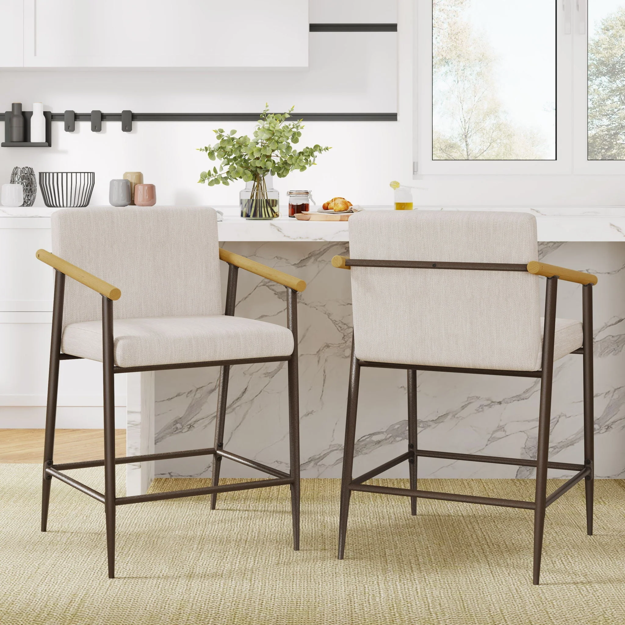 Mid Century Modern Counter Stool Set With Iron Frame - Image 6
