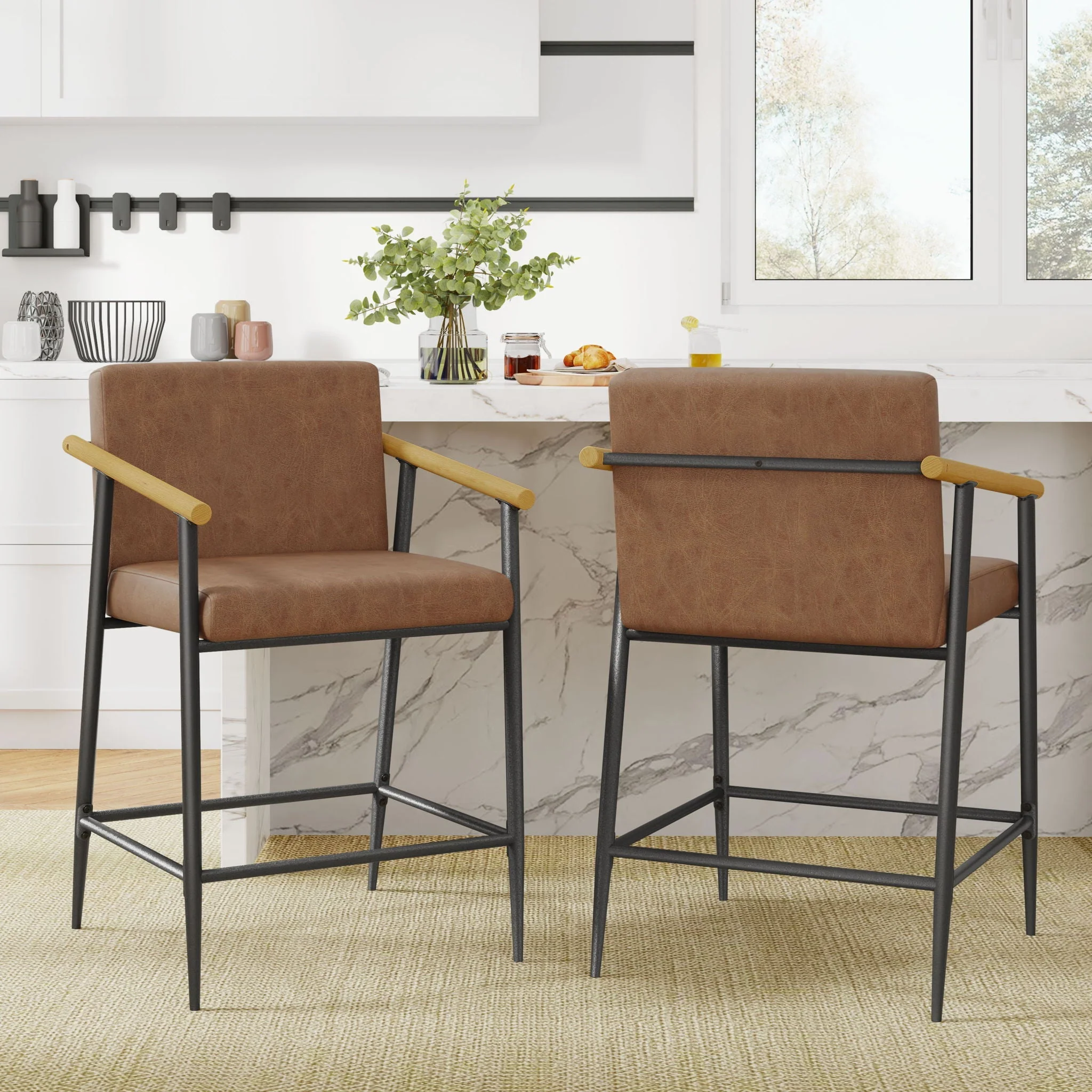 Mid Century Modern Counter Stool Set With Iron Frame - Image 7