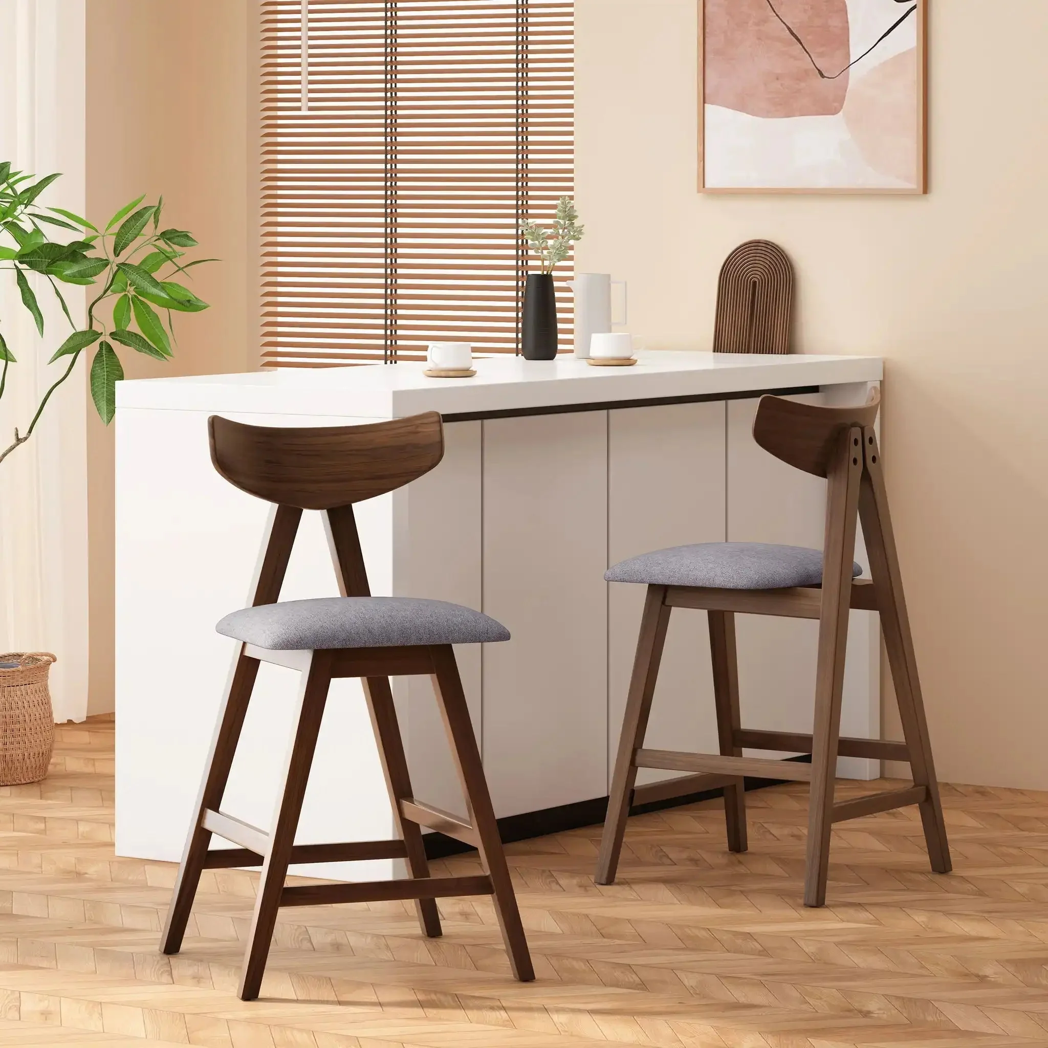 Mid Century Modern Counter Stool With V Shape Frame And Upholstered Seating - Image 4