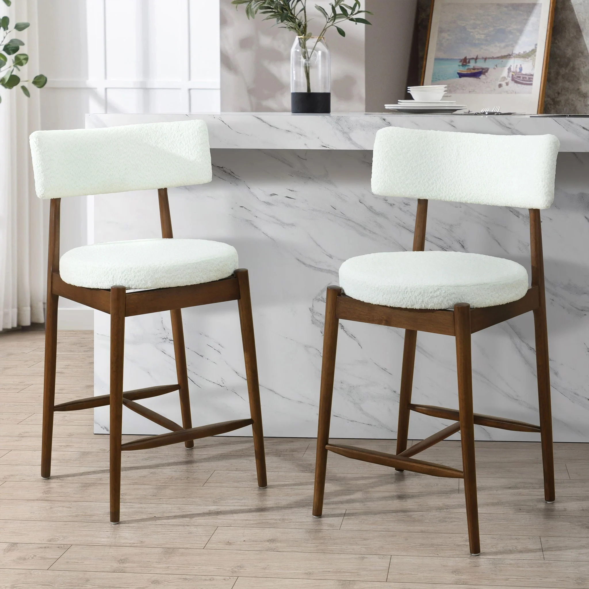 Mid Century Modern Counter Stools, Fabric Upholstered Chairs - Image 10