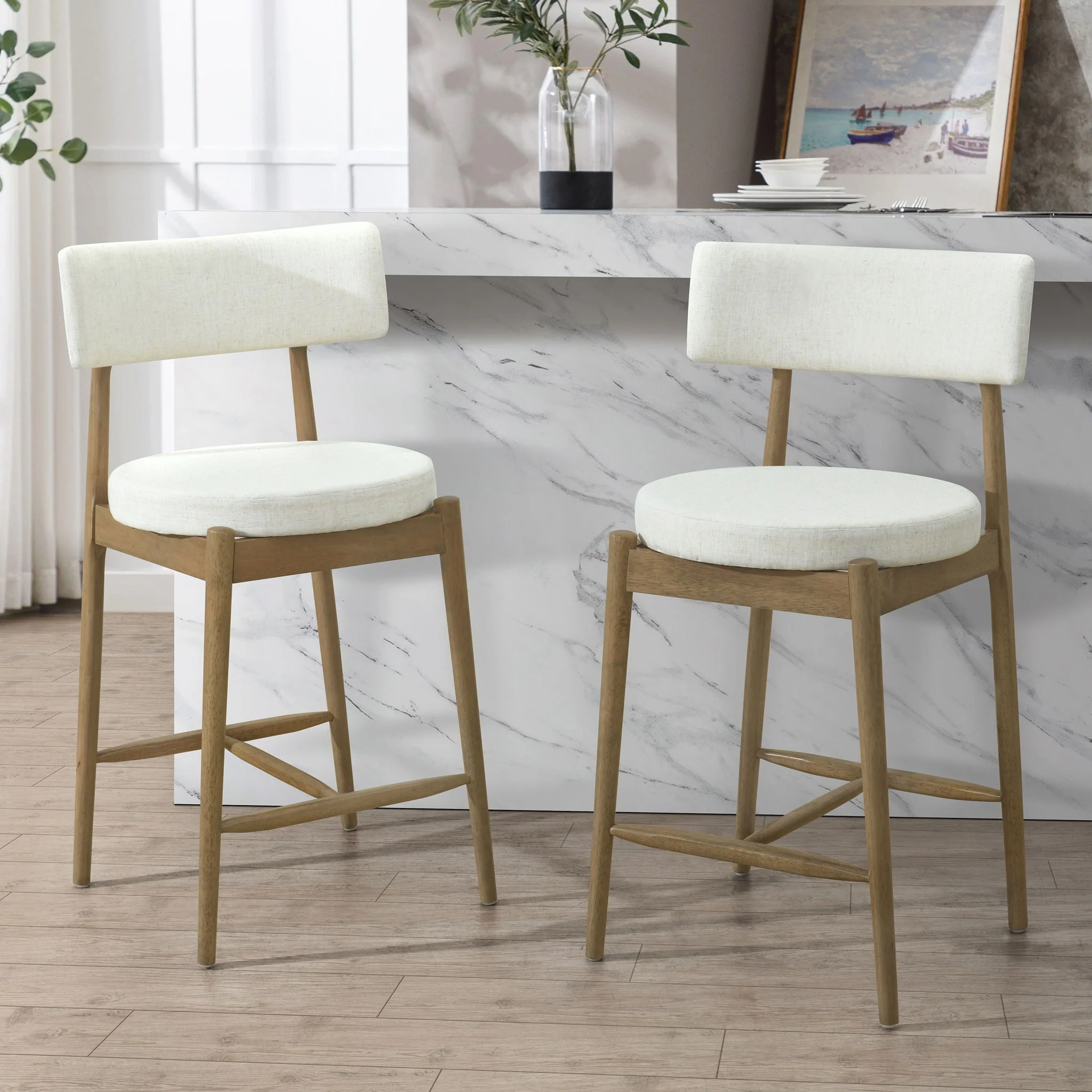 Mid Century Modern Counter Stools, Fabric Upholstered Chairs - Image 11