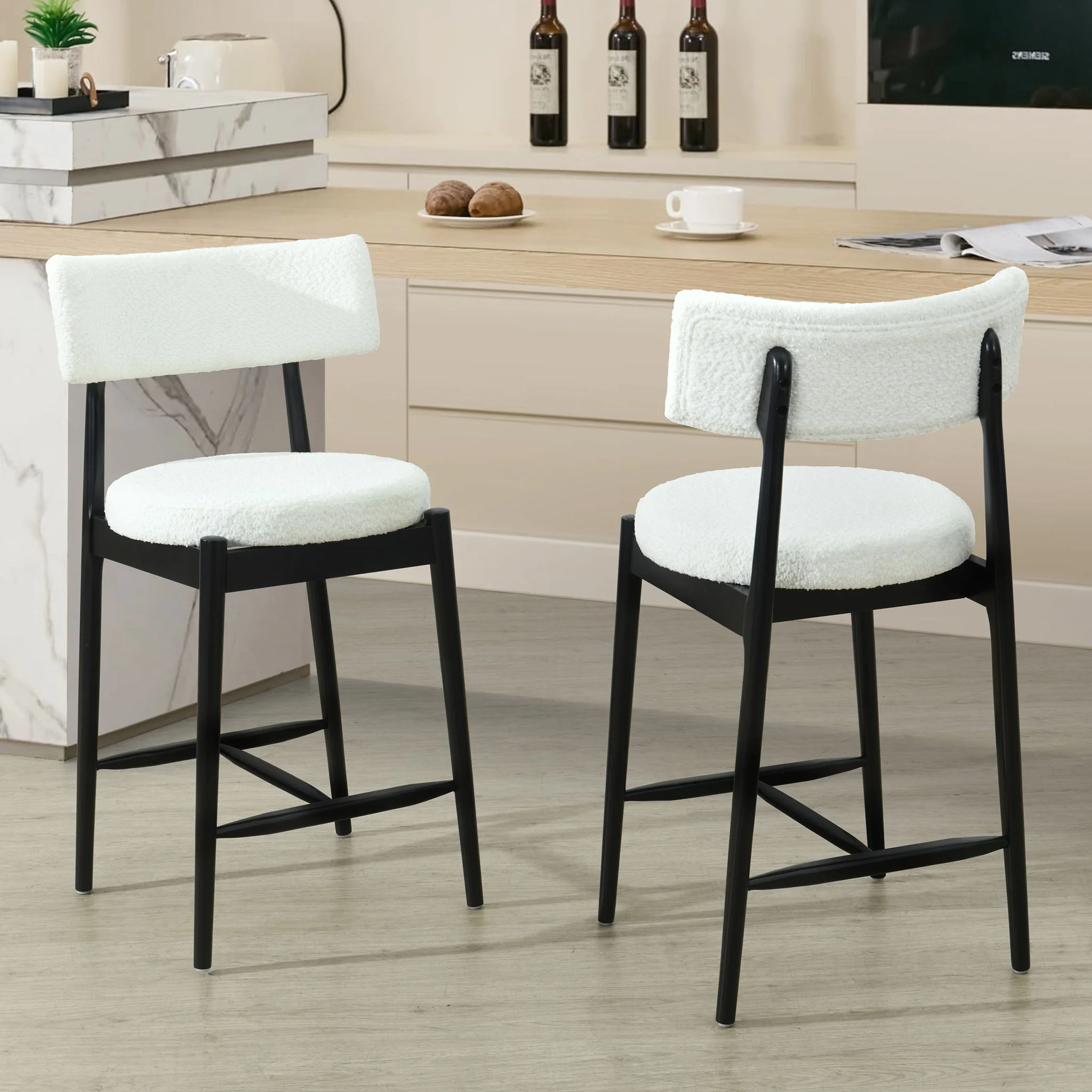 Mid Century Modern Counter Stools, Fabric Upholstered Chairs - Image 4