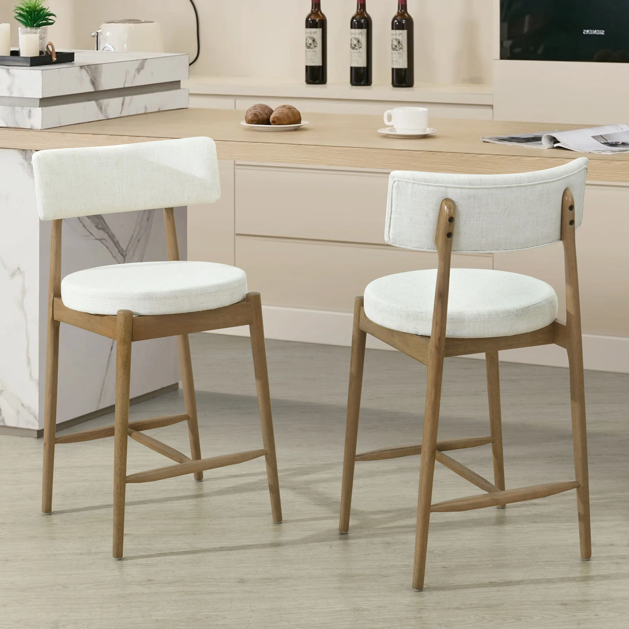 Mid Century Modern Counter Stools, Fabric Upholstered Chairs - Image 5